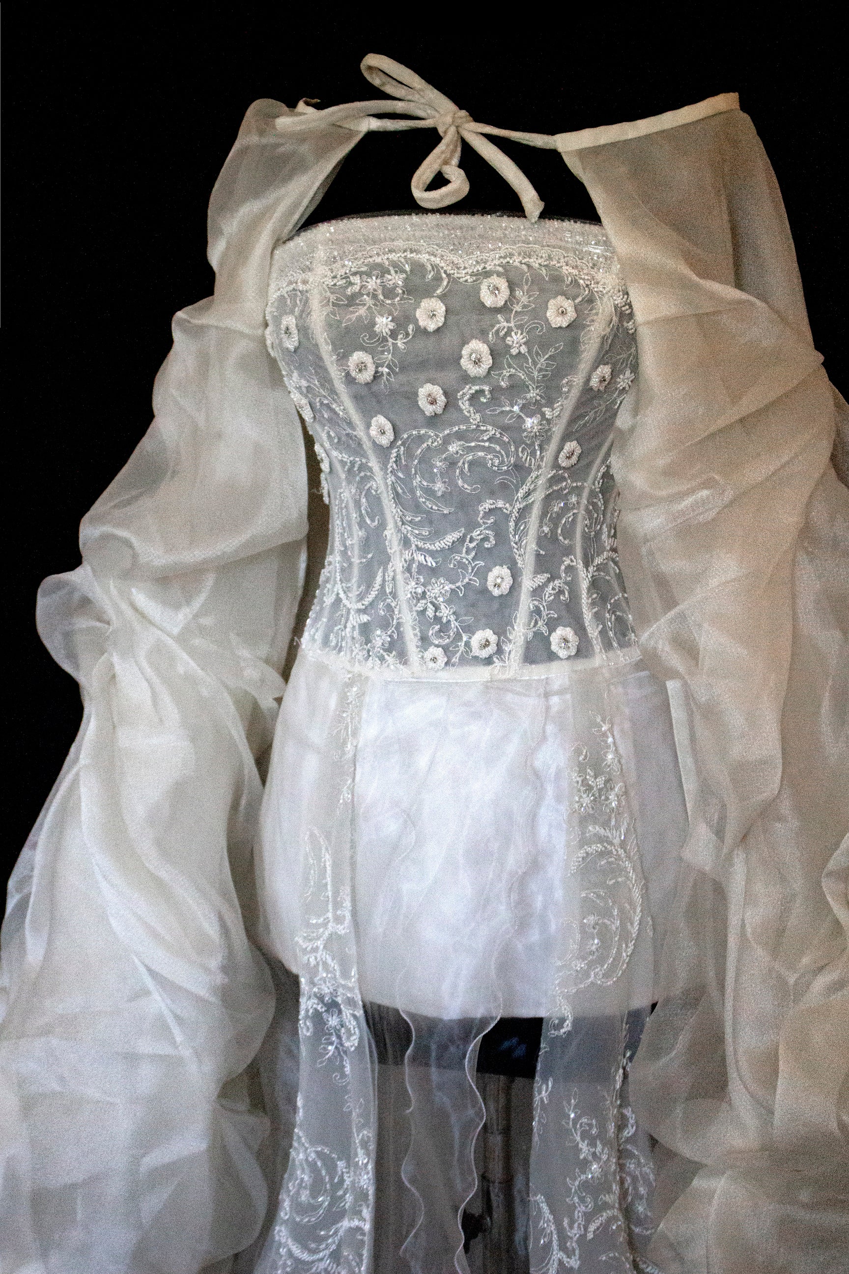 365 - VINTAGE 90s UPCYCLED EMBROIDERED WEDDING DRESS: STRAPLESS WRAP GOWN WITH IRIDESCENT DRAMA CAPE