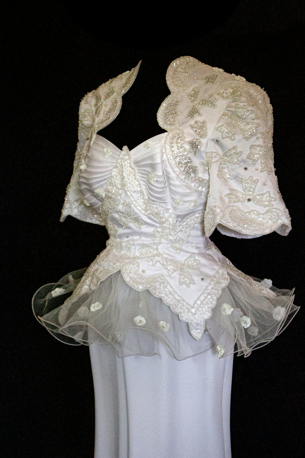 Vintage 80s Sheath Wedding Dress | Hand Embroidered Bridal Gown with Slit - 366