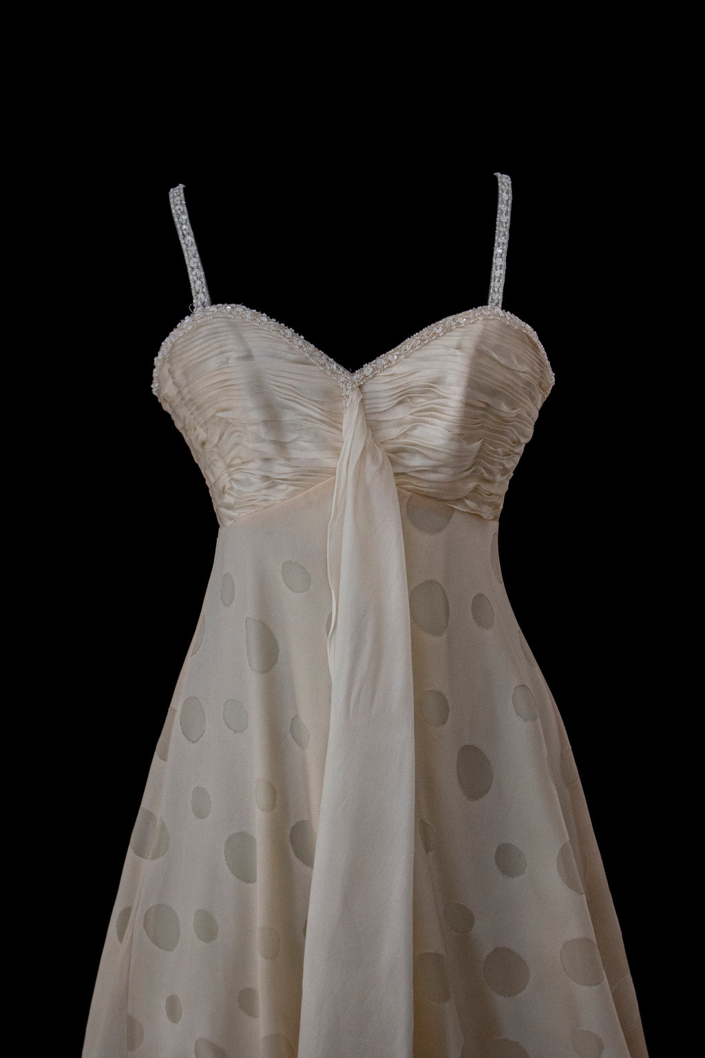 338 - IVORY CHAMPAGNE SILK ORGANZA WEDDING DRESS: POLKA / POIS DOT EMPIRE GOWN WITH BEADED STRAPS & FULL CIRCLE TRAIN - Vague atelier