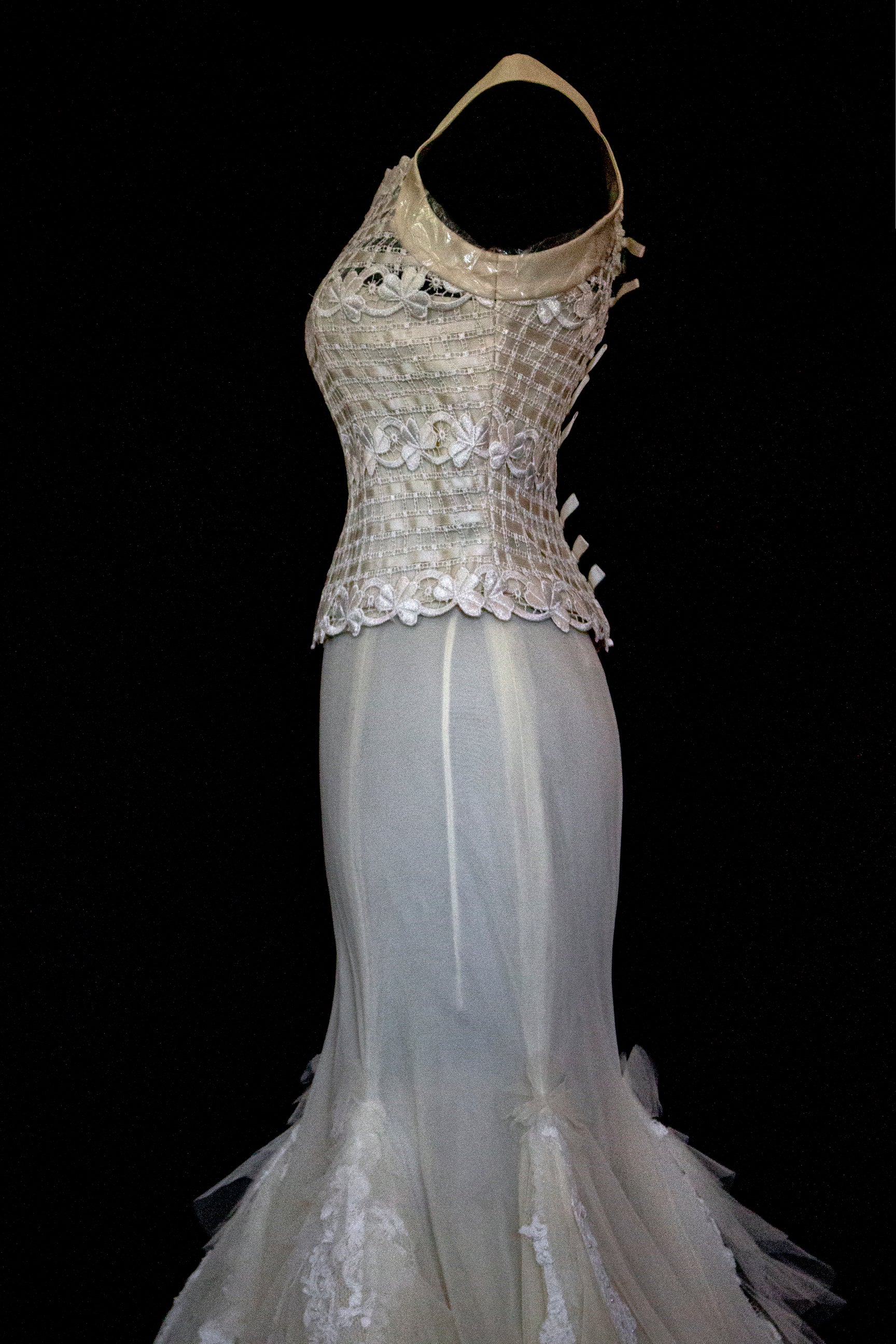 364 - VINTAGE 90s UPCYCLED TULLE AND MACRAME WEDDING DRESS: 2-PIECE ROMANTIC GOWN WITH FLOREAL LACE