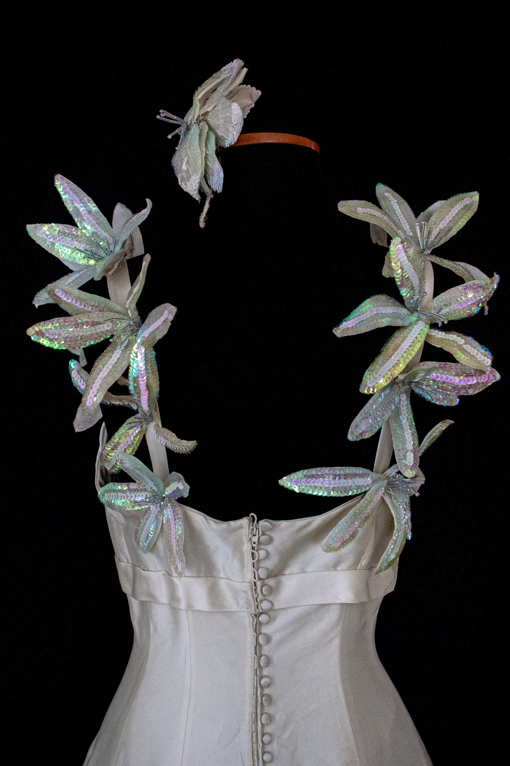 262 - RARE VINTAGE CHAMPAGNE BRIDAL GOWN: SILK MIKADO WITH AUTHENTIC 80S SEQUIN MAXI FLOWERS