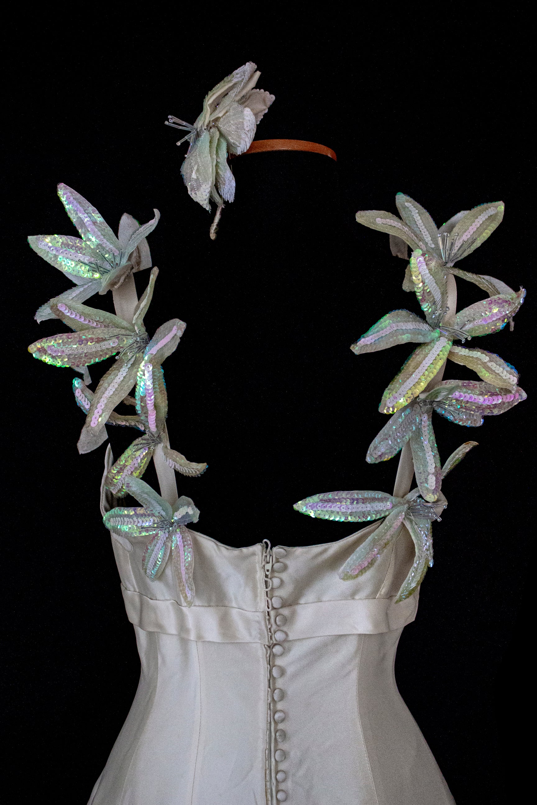 262 - RARE VINTAGE CHAMPAGNE BRIDAL GOWN: SILK MIKADO WITH AUTHENTIC 80S SEQUIN MAXI FLOWERS