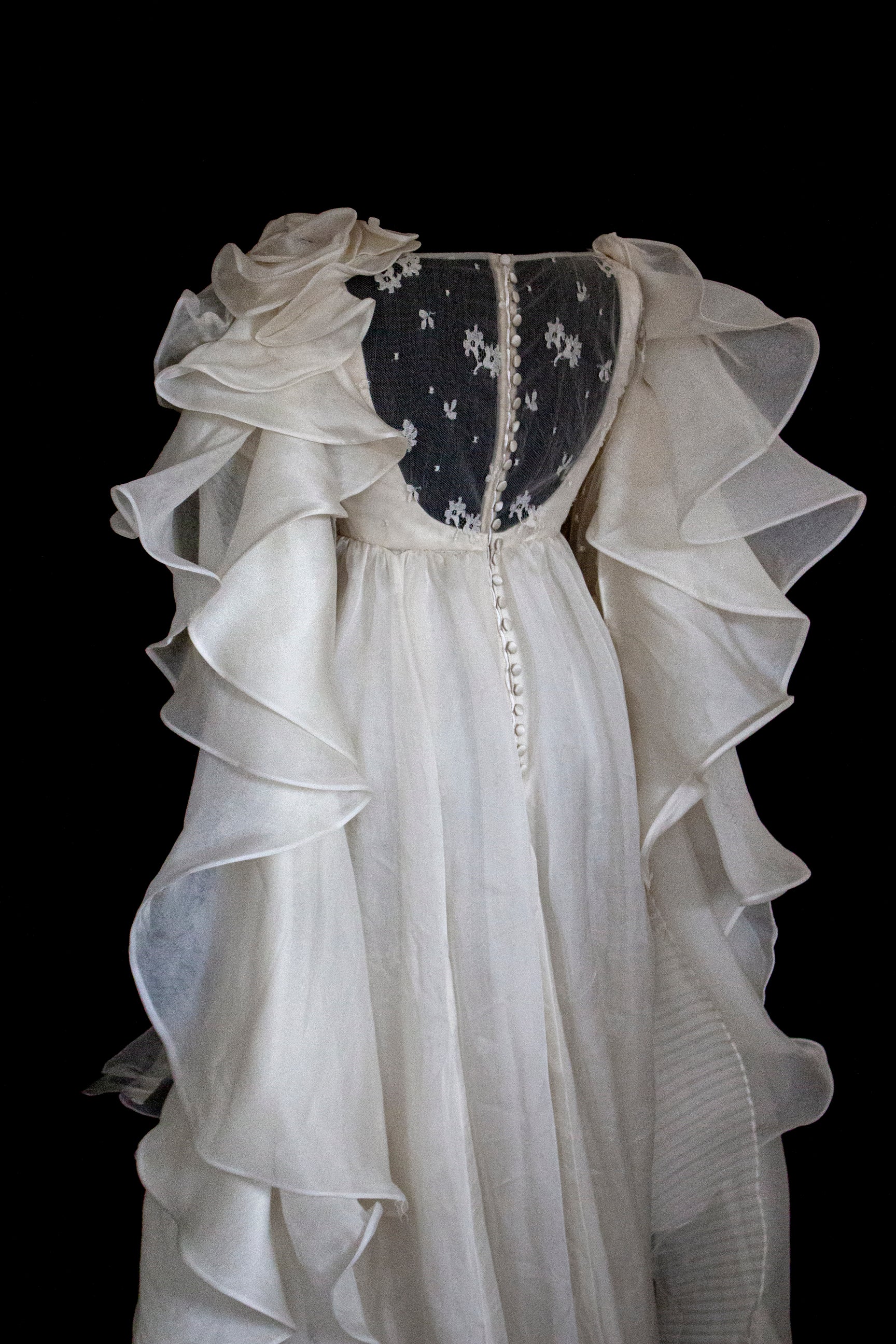 340 - OFF-WHITE SILK ORGANZA & ECRU LACE UPCYCLED WEDDING DRESS: UNIQUE EMPIRE GOWN WITH PLEATED WINGS