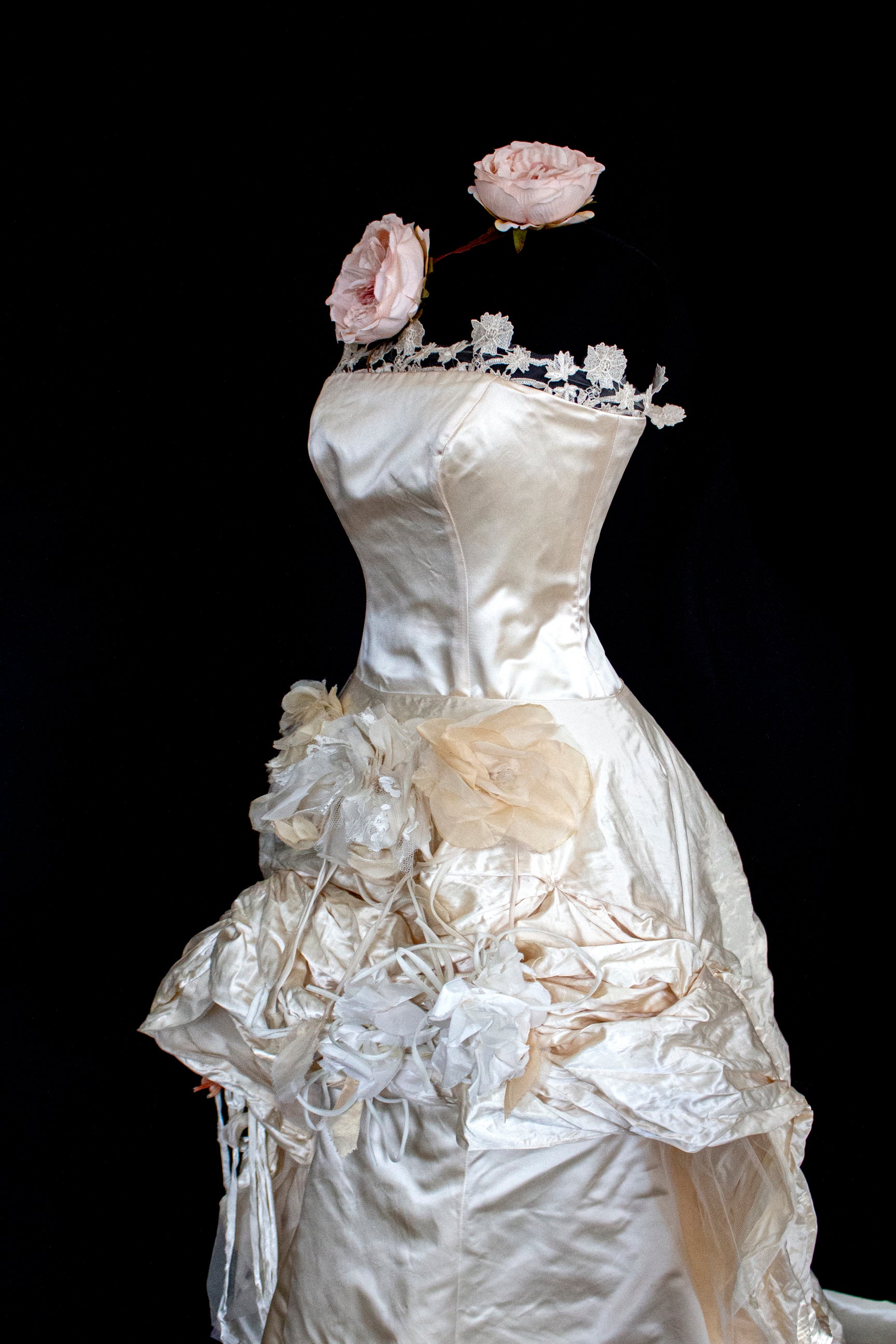 348 - UNIQUE UPCYCLED SILK MERMAID WEDDING DRESS: 90S CREAM TAFFETA GOWN WITH PINK PEONIES, EMBOSSED FLORAL DETAILS & BOHO ROMANTIC STYLE