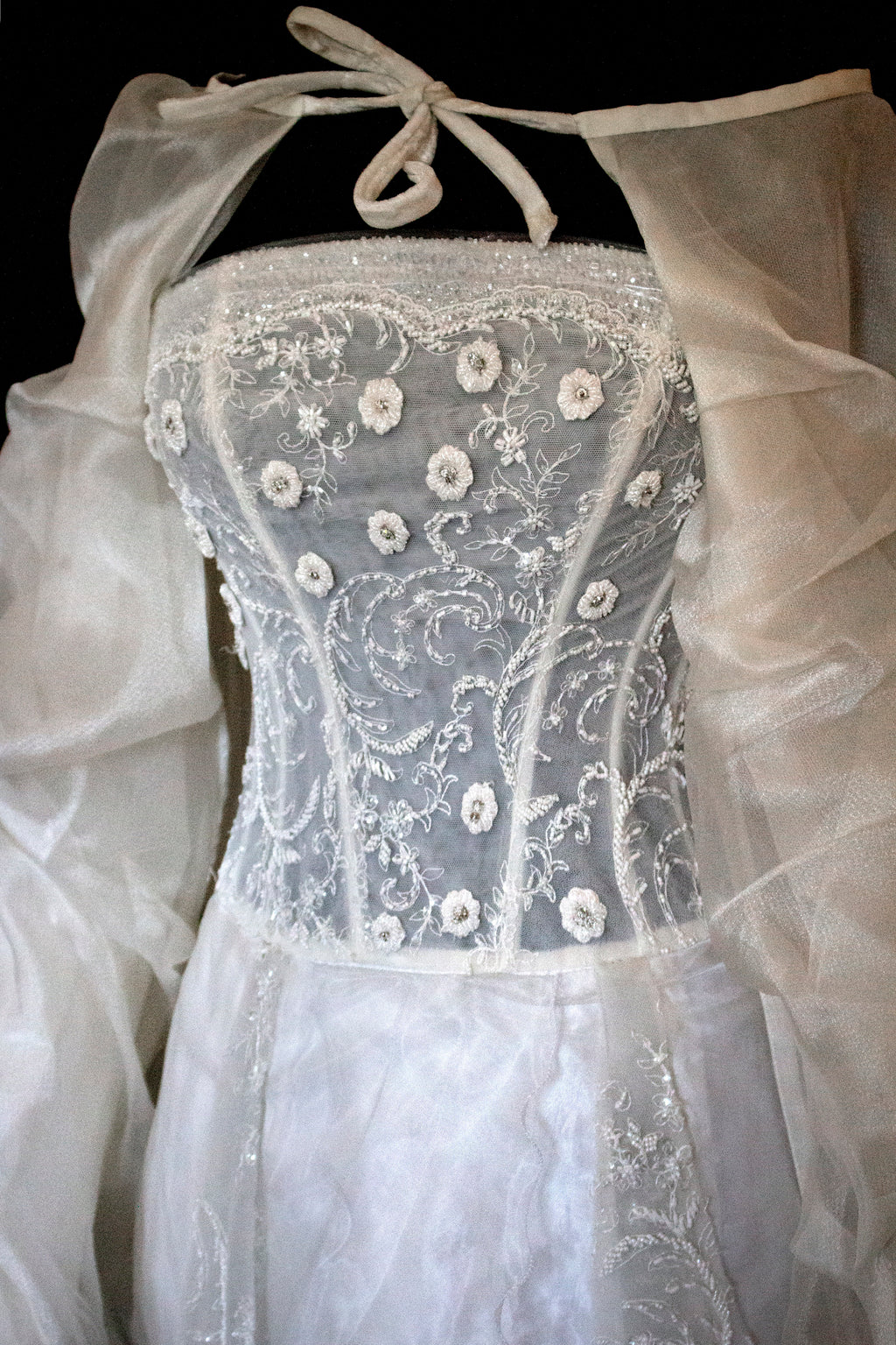 365 - VINTAGE 90s UPCYCLED EMBROIDERED WEDDING DRESS: STRAPLESS WRAP GOWN WITH IRIDESCENT DRAMA CAPE