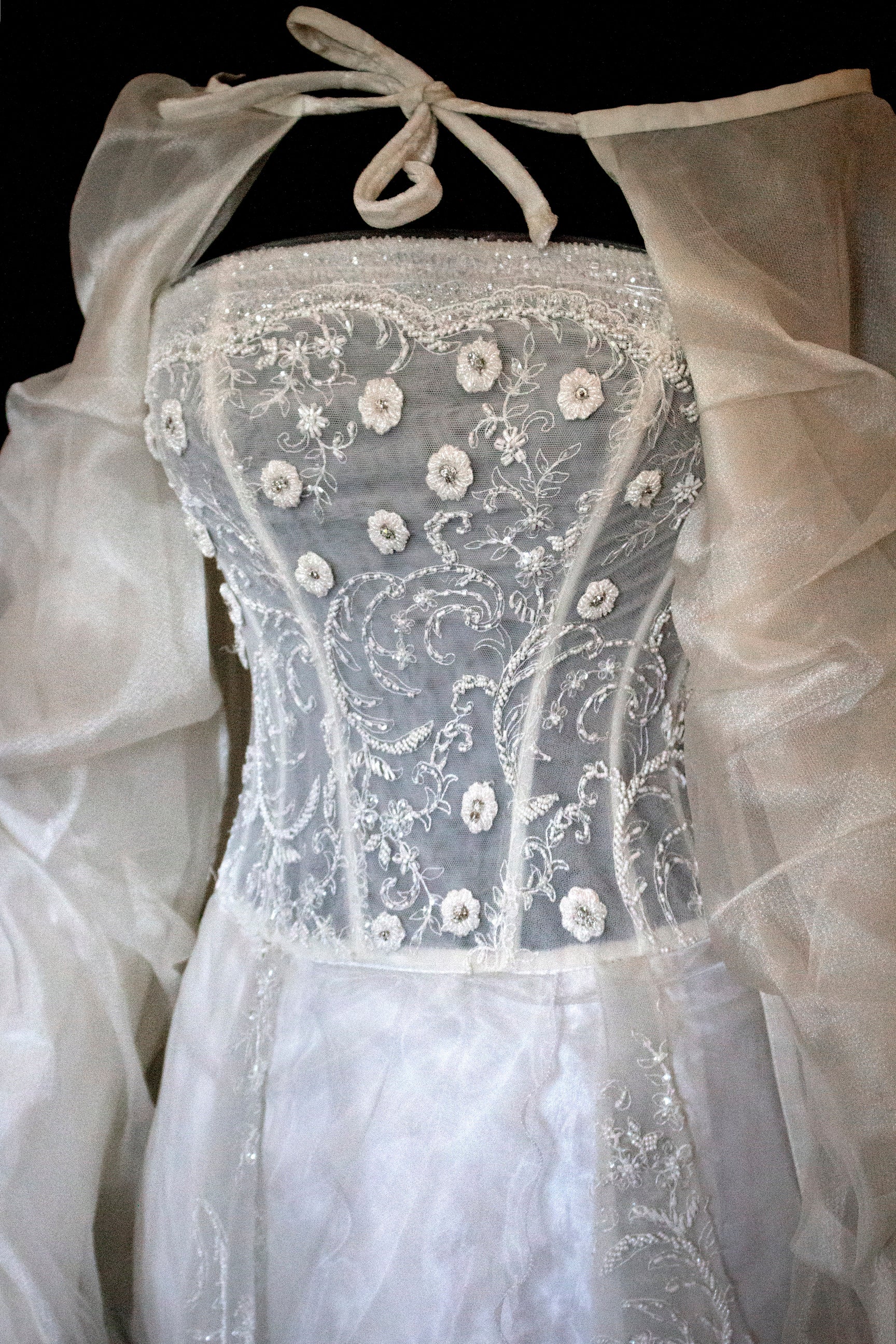 365 - VINTAGE 90s UPCYCLED EMBROIDERED WEDDING DRESS: STRAPLESS WRAP GOWN WITH IRIDESCENT DRAMA CAPE