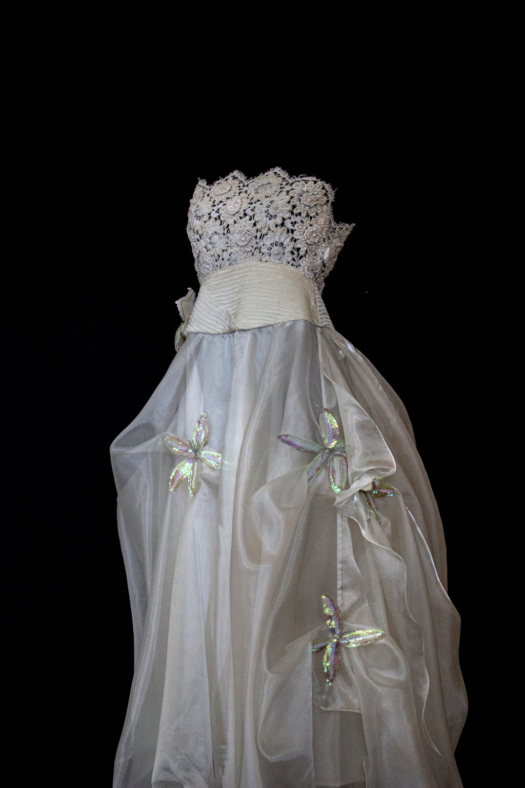 352 - UNIQUE 80S VINTAGE UPCYCLED WEDDING DRESS: EMPIRE WAIST SILK BRIDAL GOWN WITH IRIDESCENT ORGANZA & SEQUIN MAXI FLOWERS - Vague atelier