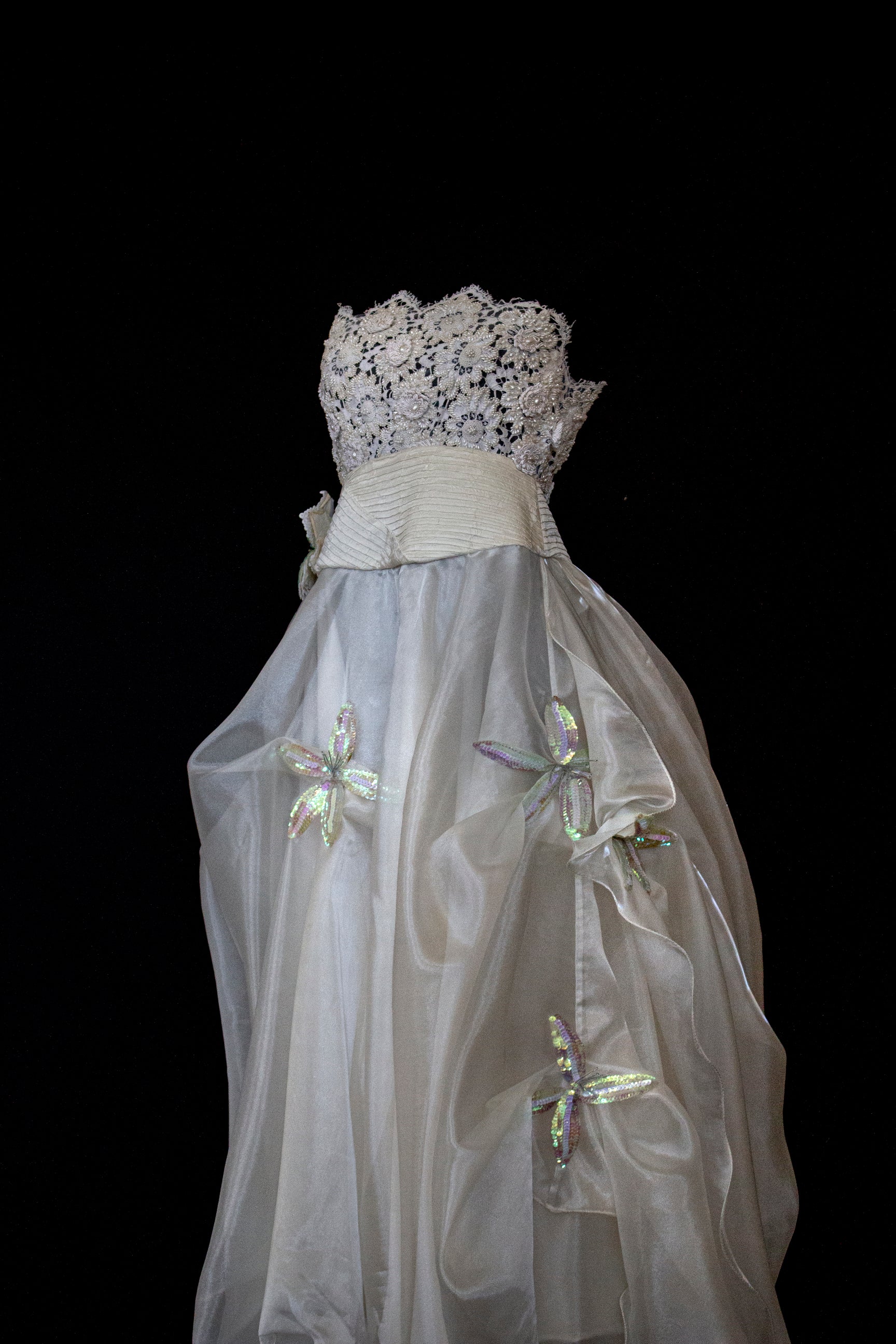 352 - UNIQUE 80S VINTAGE UPCYCLED WEDDING DRESS: EMPIRE WAIST SILK BRIDAL GOWN WITH IRIDESCENT ORGANZA & SEQUIN MAXI FLOWERS - Vague atelier