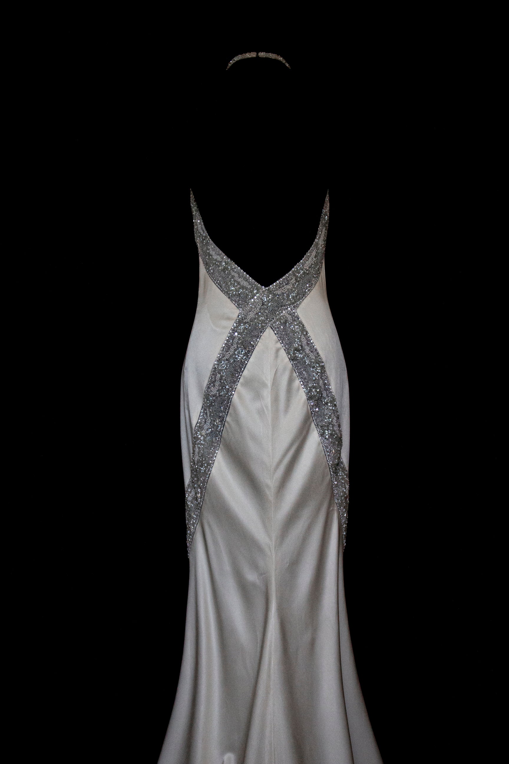 291 - OLD HOLLYWOOD VINTAGE MERMAID BRIDAL GOWN: BACKLESS SILK SATIN & ART DECO SILVER BEADING