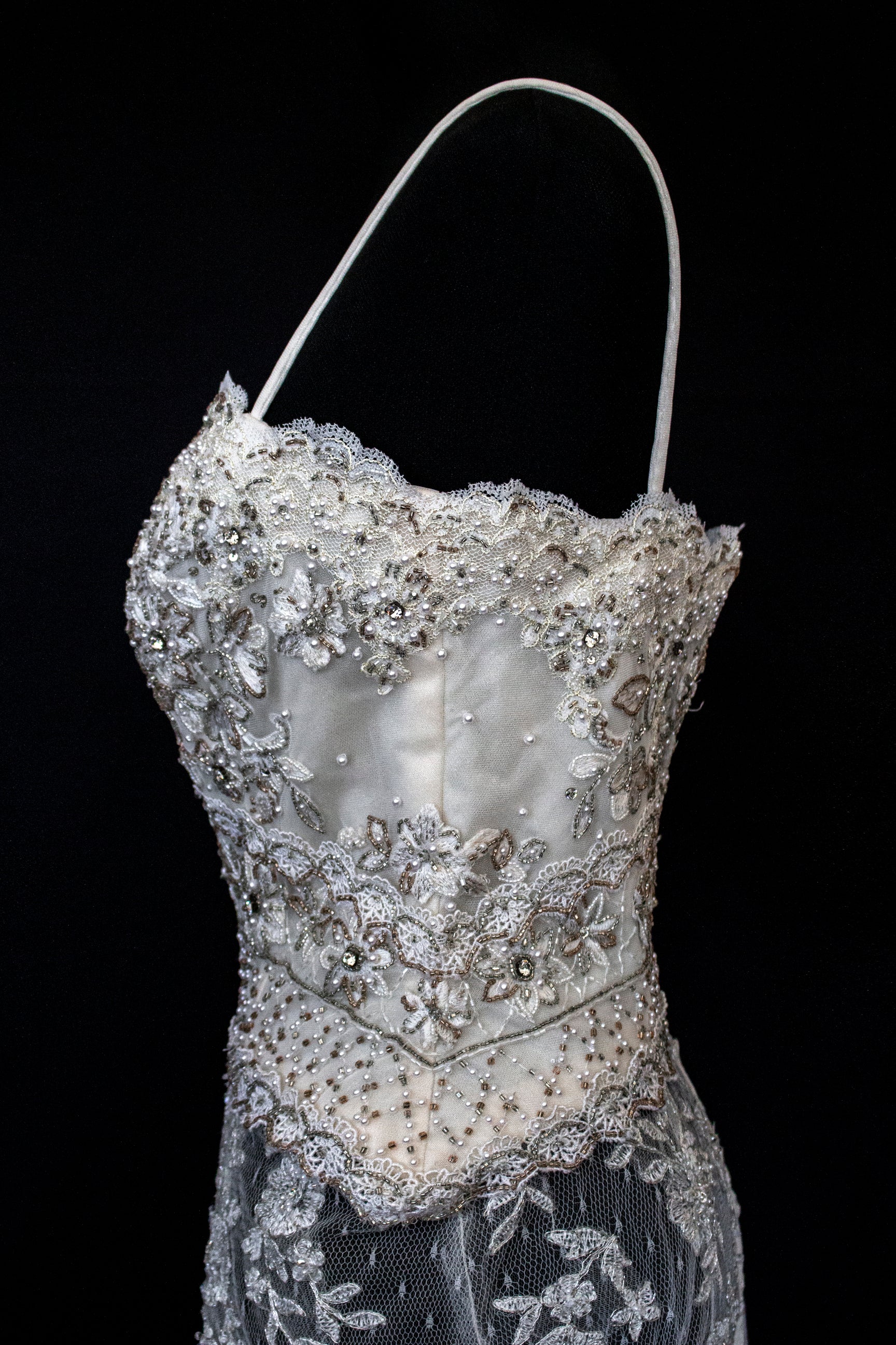 239 - VINTAGE OFF-WHITE MERMAID SWAROVSKI WEDDING DRESS: GOWN WITH NUDE POLKA DOT TULLE & SILVER FLORAL EMBROIDERY