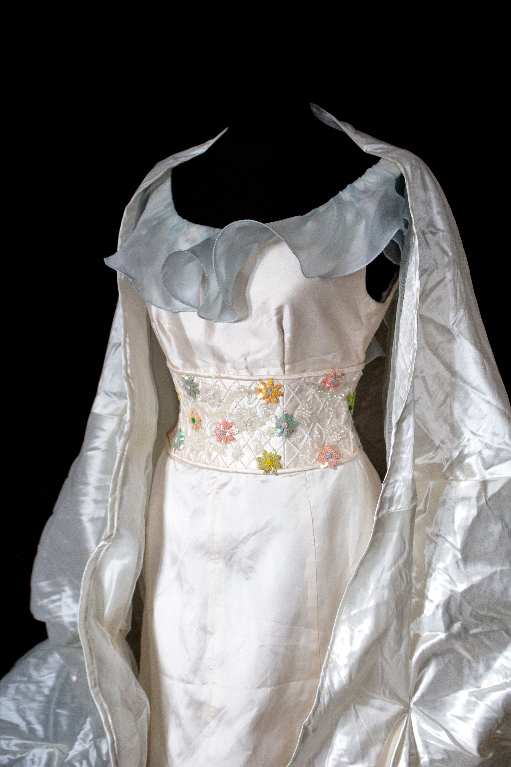 346 - UNIQUE UPCYCLED SILK TAFFETA WEDDING DRESS: PALE PINK MIKADO GOWN WITH MINT RUFFLE, SEQUIN FLORAL EMBROIDERY & MAXI STOLE