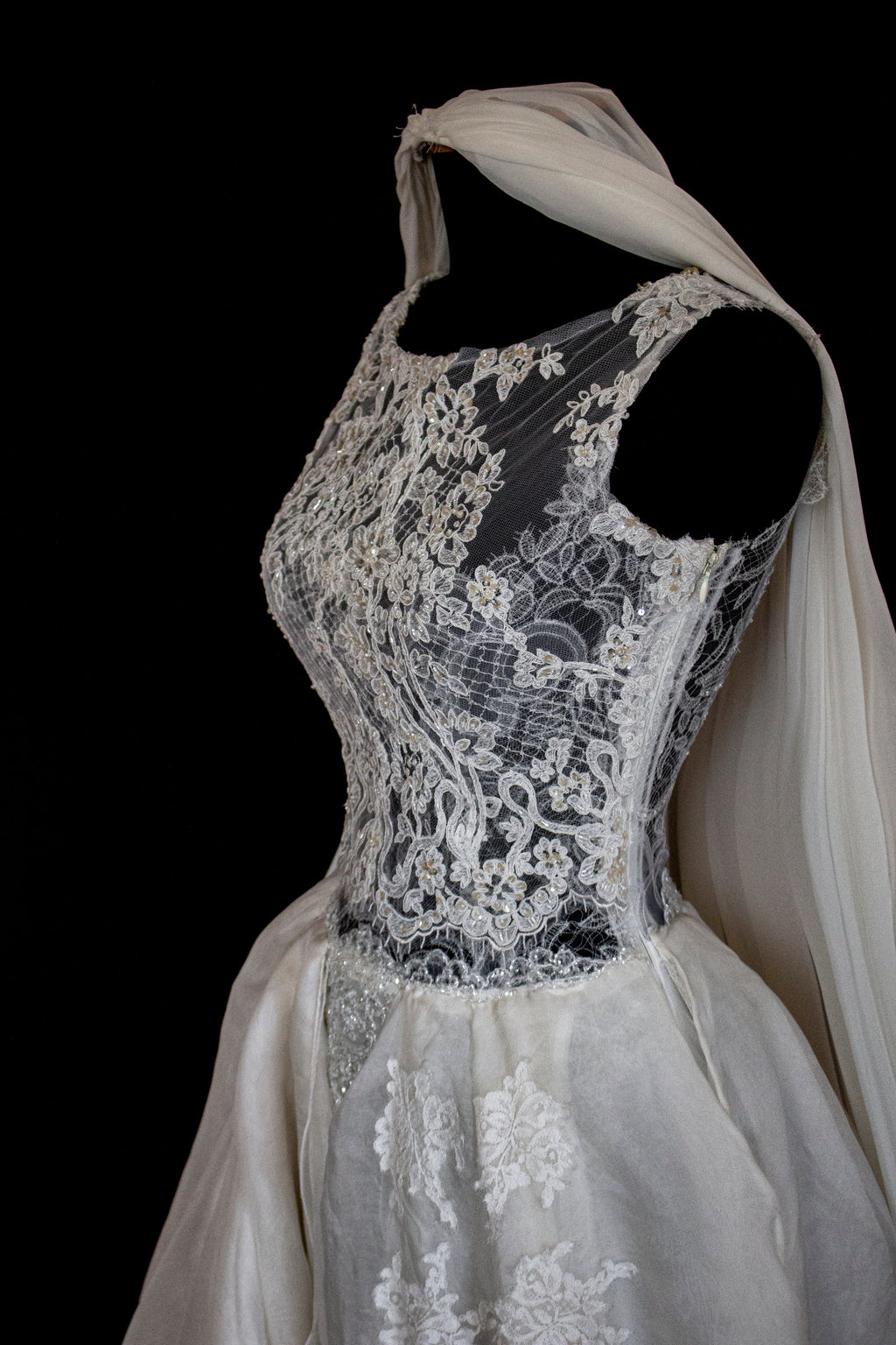 331 - ONE OF A KIND UPCYCLED VINTAGE BRIDAL GOWN: ASYMMETRIC LAYERED SILK CLOUD SKIRT & EMBROIDERED LACE - Vague atelier