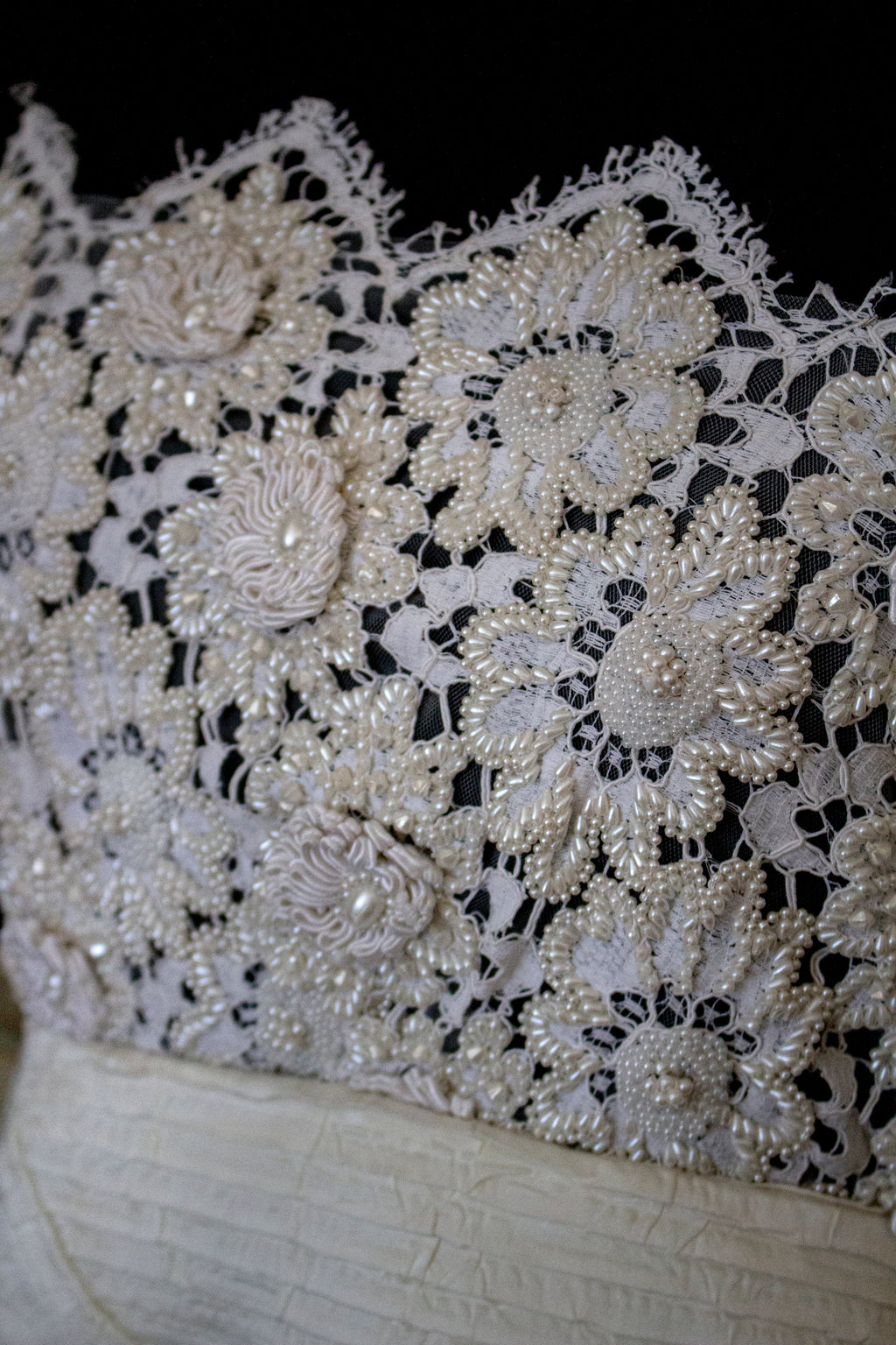 352 - UNIQUE 80S VINTAGE UPCYCLED WEDDING DRESS: EMPIRE WAIST SILK BRIDAL GOWN WITH IRIDESCENT ORGANZA & SEQUIN MAXI FLOWERS - Vague atelier