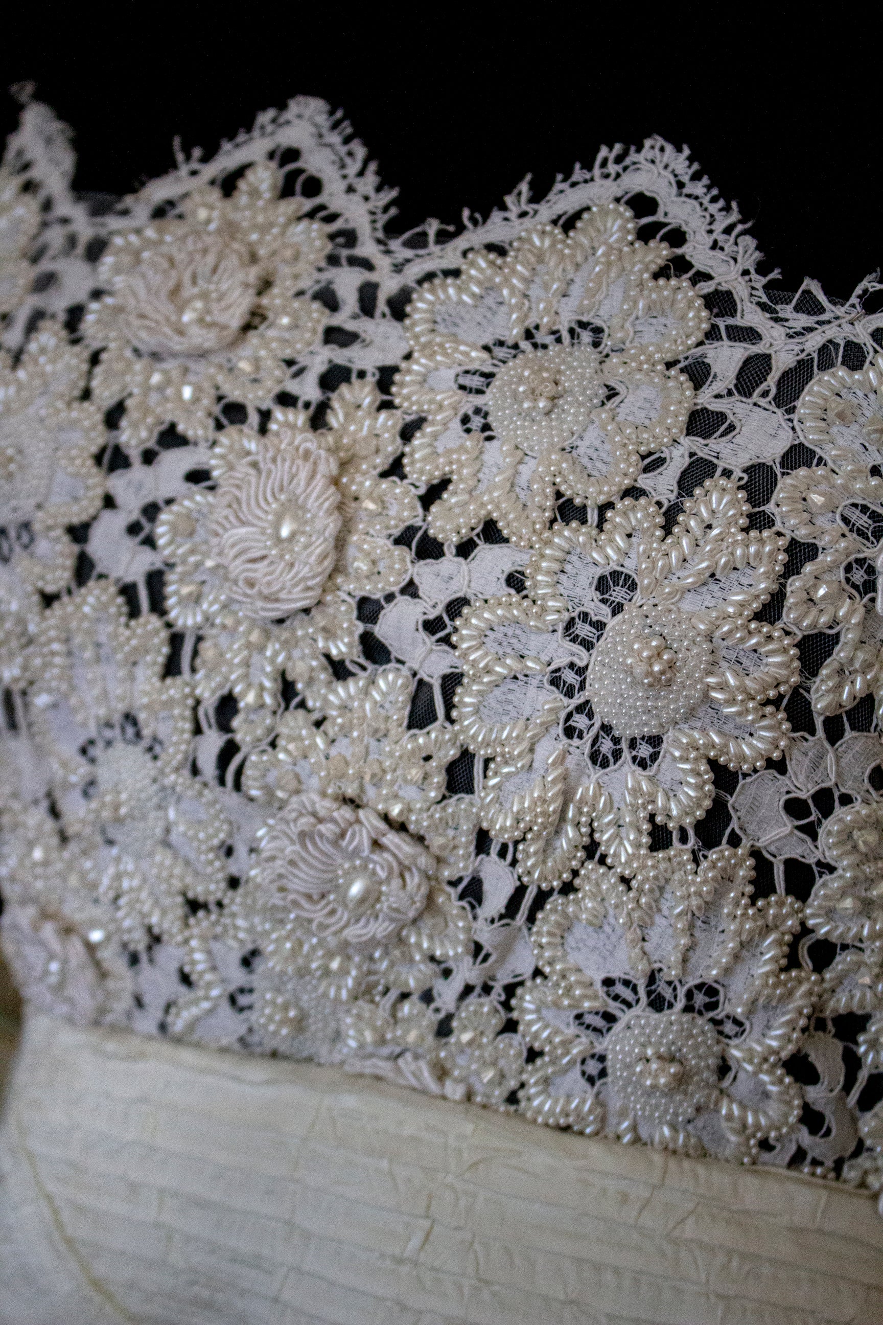 352 - UNIQUE 80S VINTAGE UPCYCLED WEDDING DRESS: EMPIRE WAIST SILK BRIDAL GOWN WITH IRIDESCENT ORGANZA & SEQUIN MAXI FLOWERS - Vague atelier