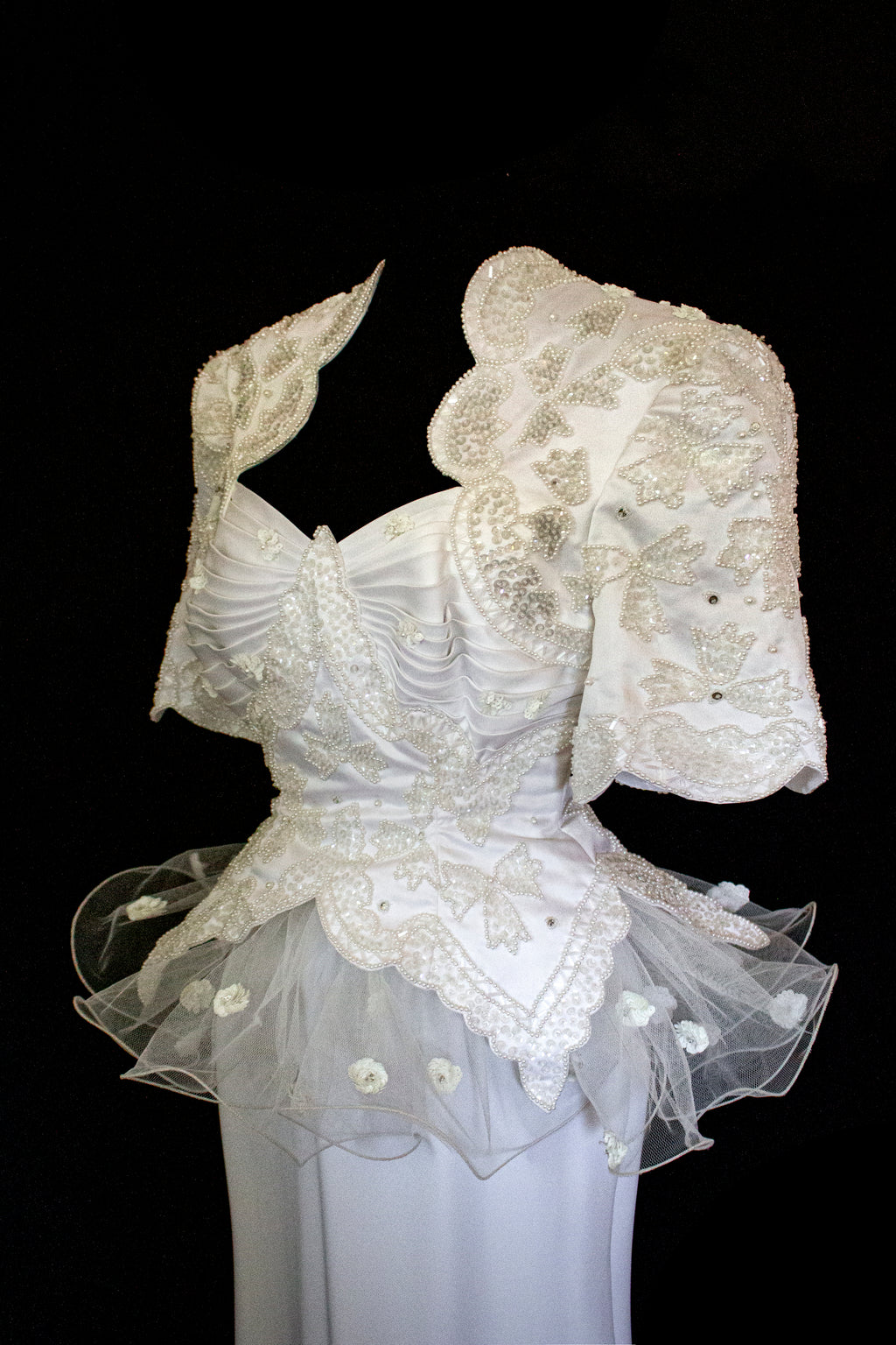 Vintage 80s Sheath Wedding Dress | Hand Embroidered Bridal Gown with Slit - 366