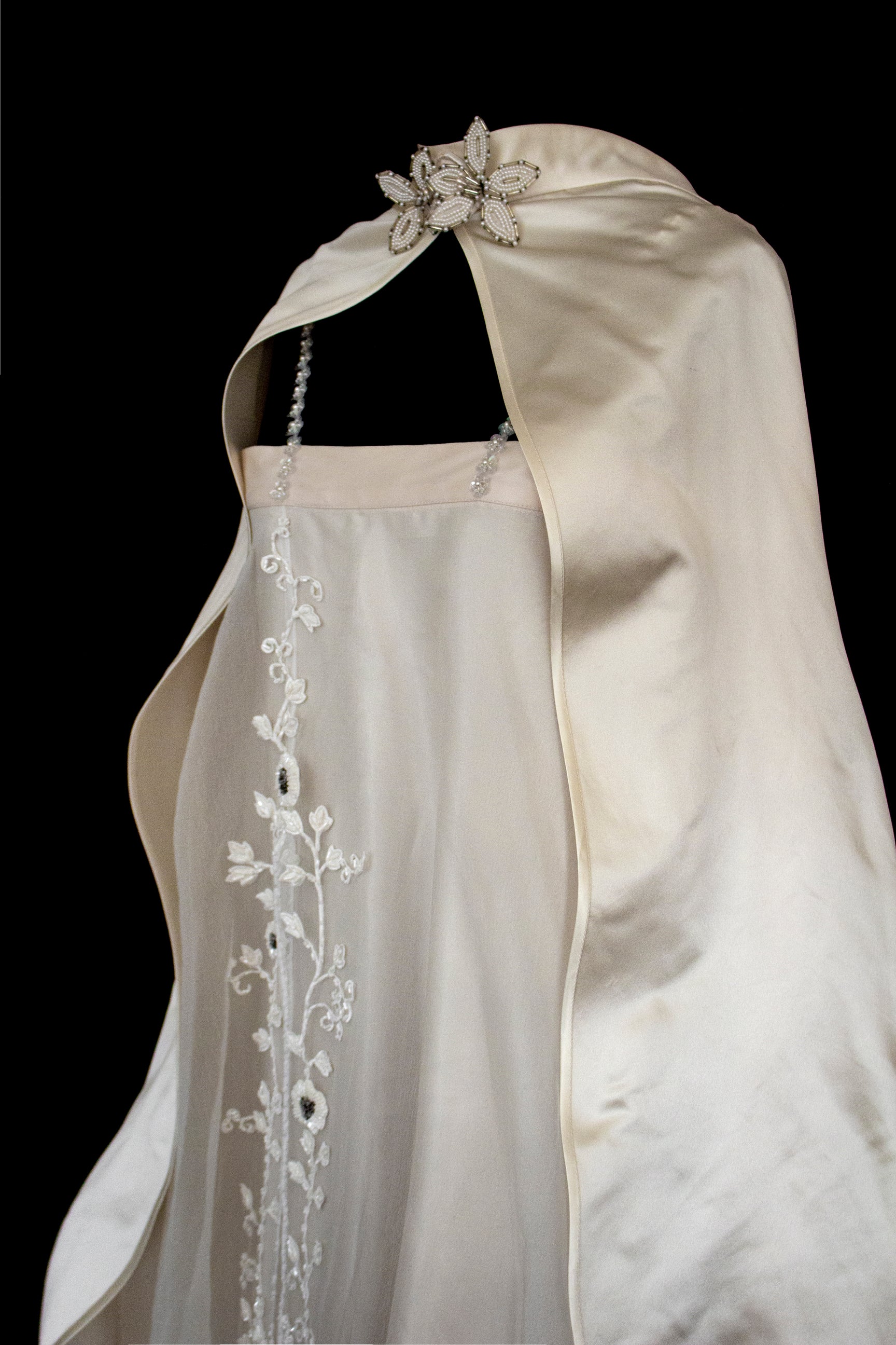 347 - UNIQUE UPCYCLED SILK SATIN WEDDING DRESS: POWDER PINK SLIP GOWN & IVORY CAPE ENSEMBLE, SILVER FLORAL EMBROIDERY, BOHO LUXURY