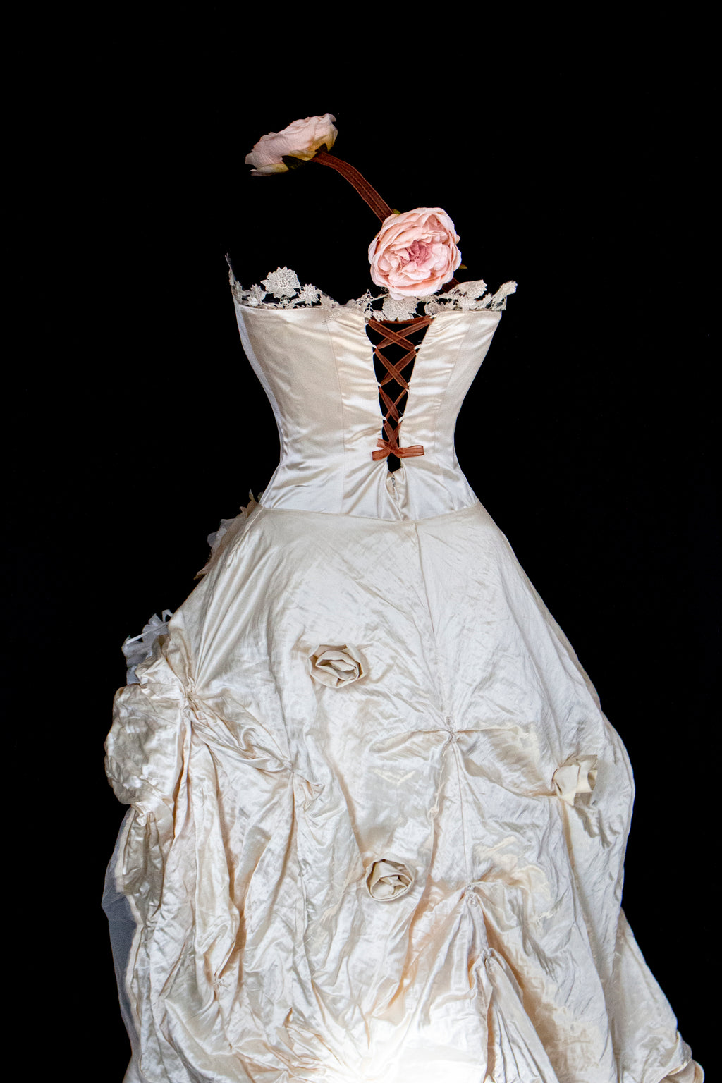 348 - UNIQUE UPCYCLED SILK MERMAID WEDDING DRESS: 90S CREAM TAFFETA GOWN WITH PINK PEONIES, EMBOSSED FLORAL DETAILS & BOHO ROMANTIC STYLE