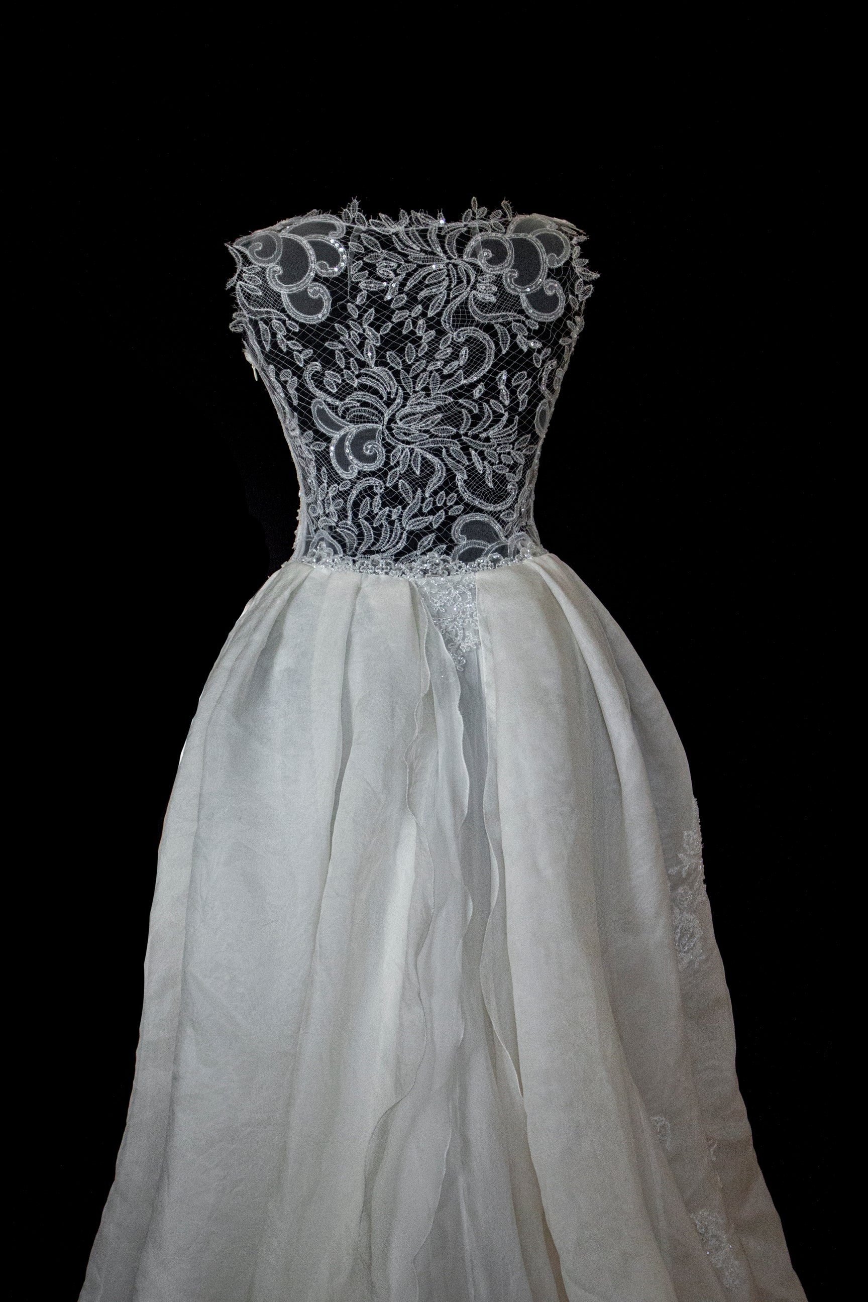 331 - ONE OF A KIND UPCYCLED VINTAGE BRIDAL GOWN: ASYMMETRIC LAYERED SILK CLOUD SKIRT & EMBROIDERED LACE - Vague atelier