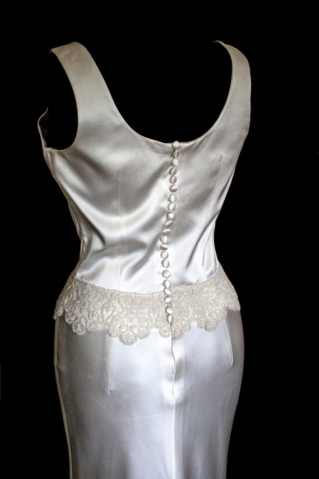 360 - VINTAGE SLIP STYLE WEDDING DRESS: CREAM FLUID SATIN GOWN WITH EMBROIDERED TULLE CAPE