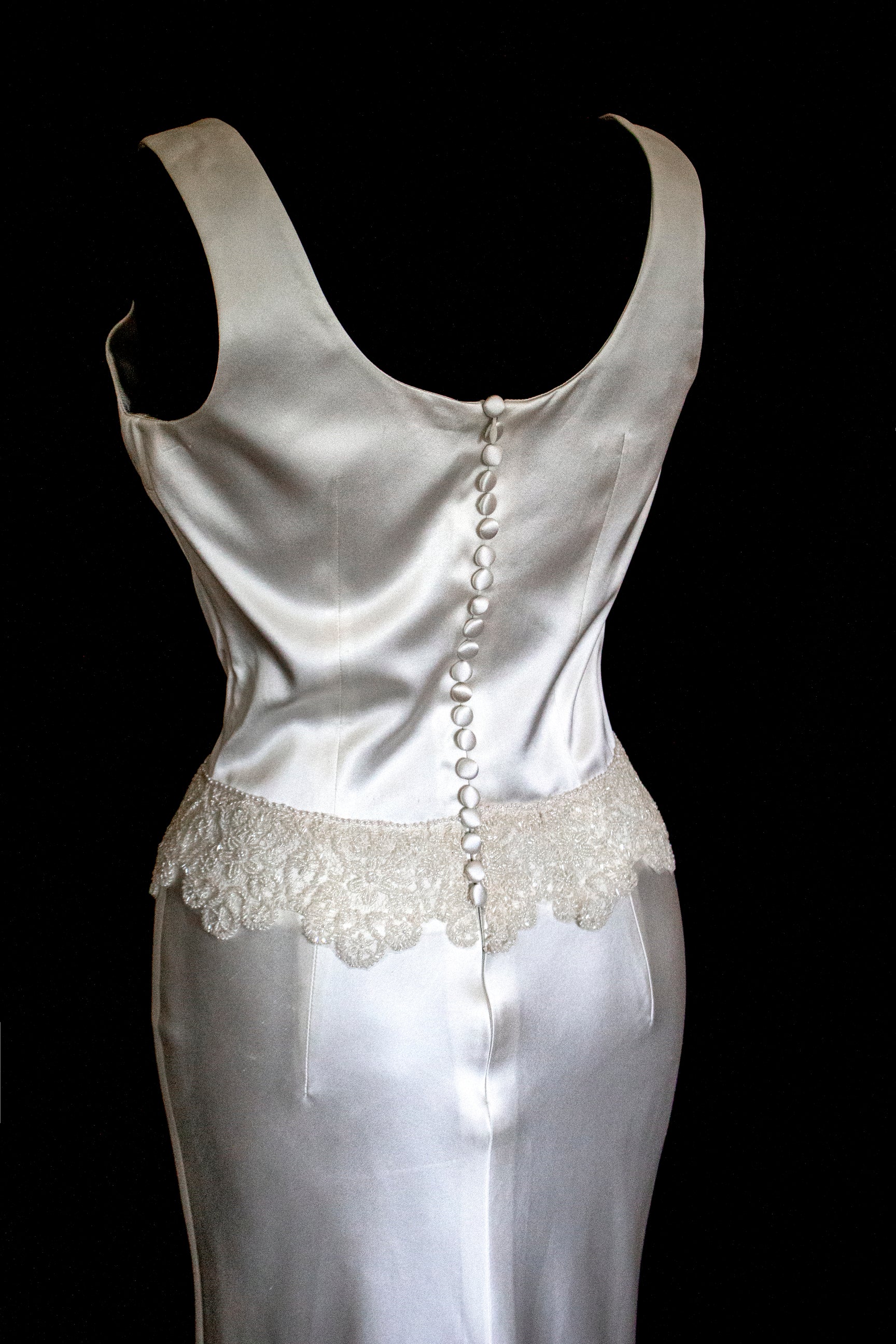 360 - VINTAGE SLIP STYLE WEDDING DRESS: CREAM FLUID SATIN GOWN WITH EMBROIDERED TULLE CAPE