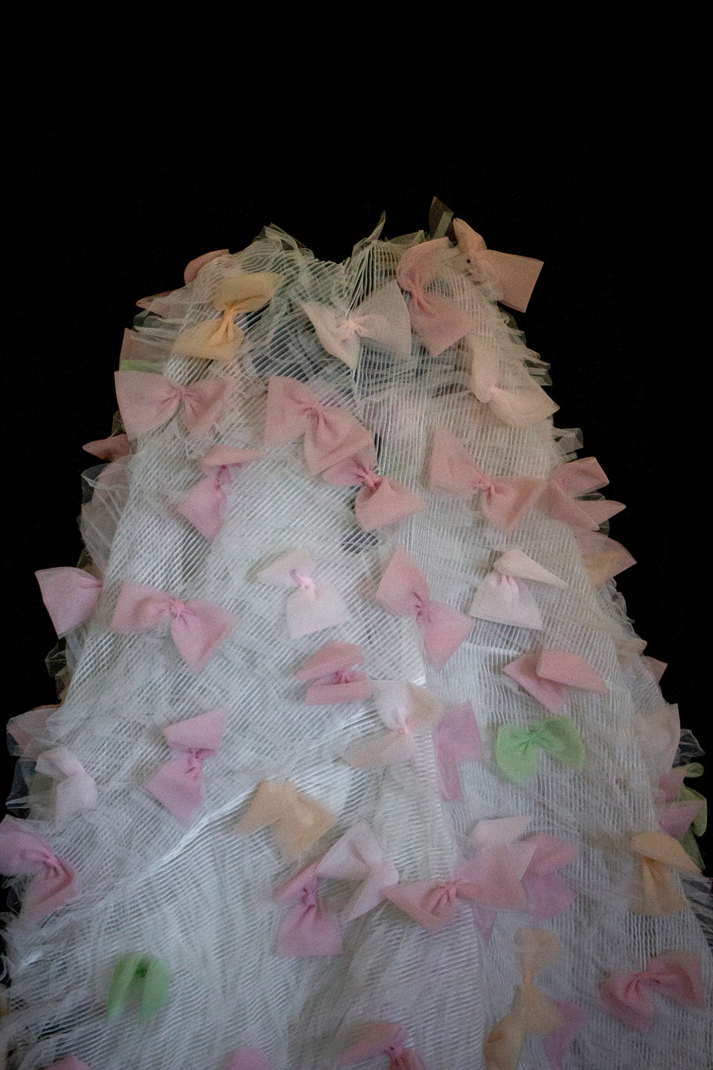 363 - VINTAGE 90s UPCYCLED TULLE 3-PIECE WEDDING DRESS: EMBROIDERED GOWN WITH HANDMADE BOWS AND CAPE