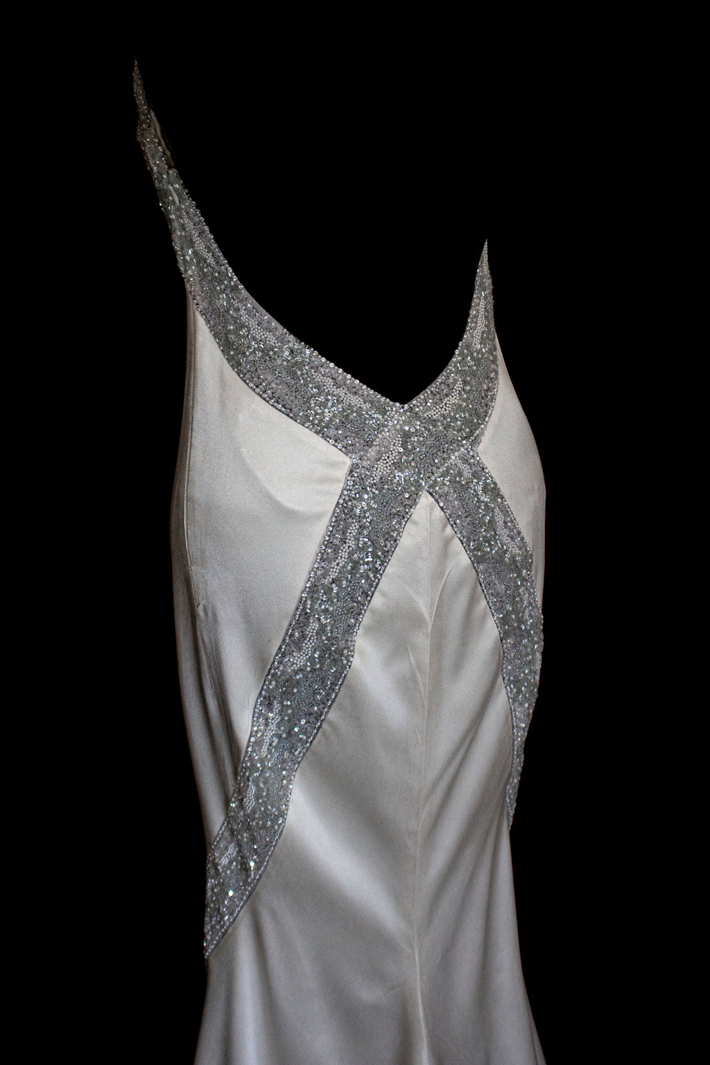 291 - OLD HOLLYWOOD VINTAGE MERMAID BRIDAL GOWN: BACKLESS SILK SATIN & ART DECO SILVER BEADING