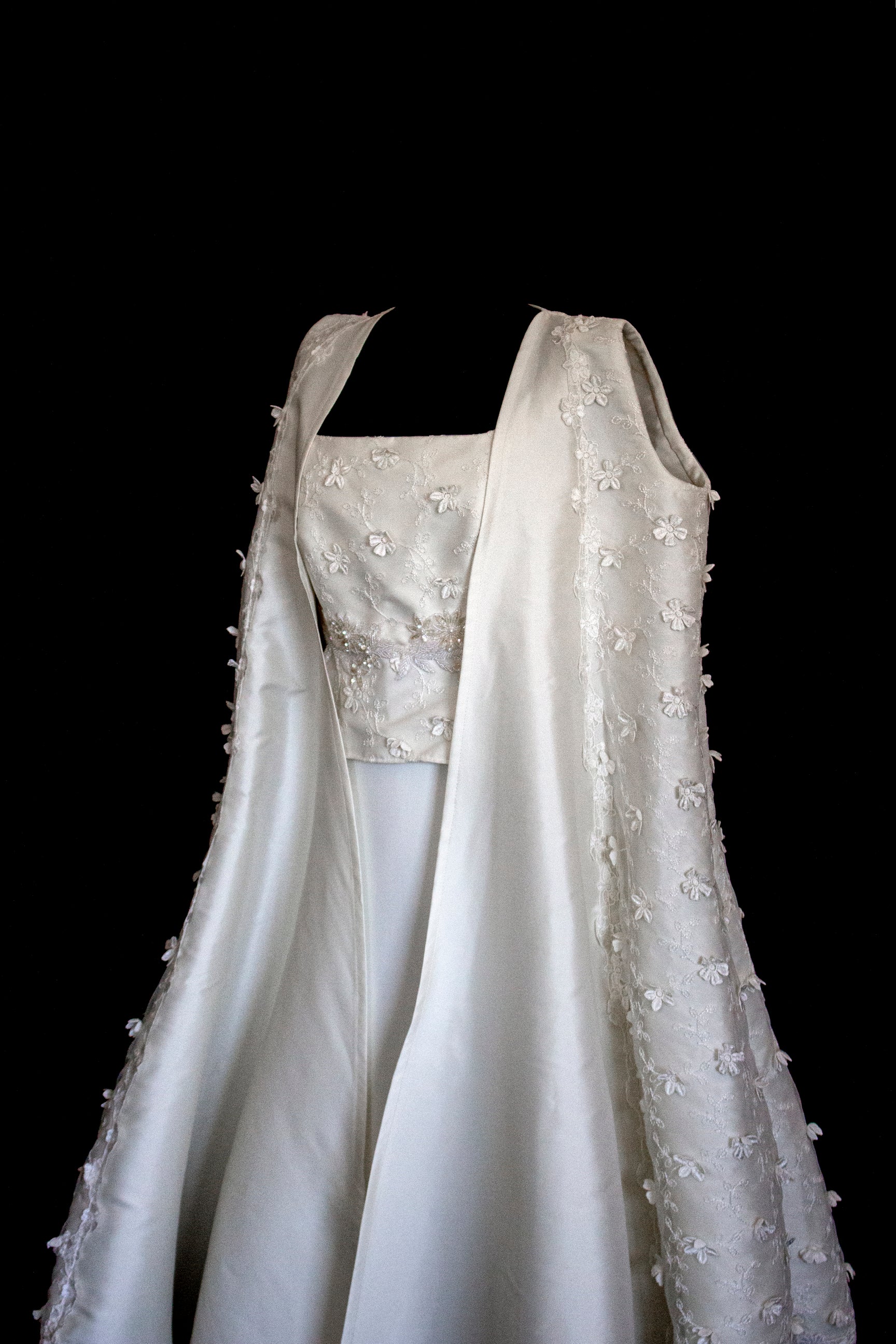 293 - UNIQUE UPCYCLED 3-PIECE BRIDAL SET: 3D FLORAL TOP, MIKADO SKIRT & BRIDAL VEST