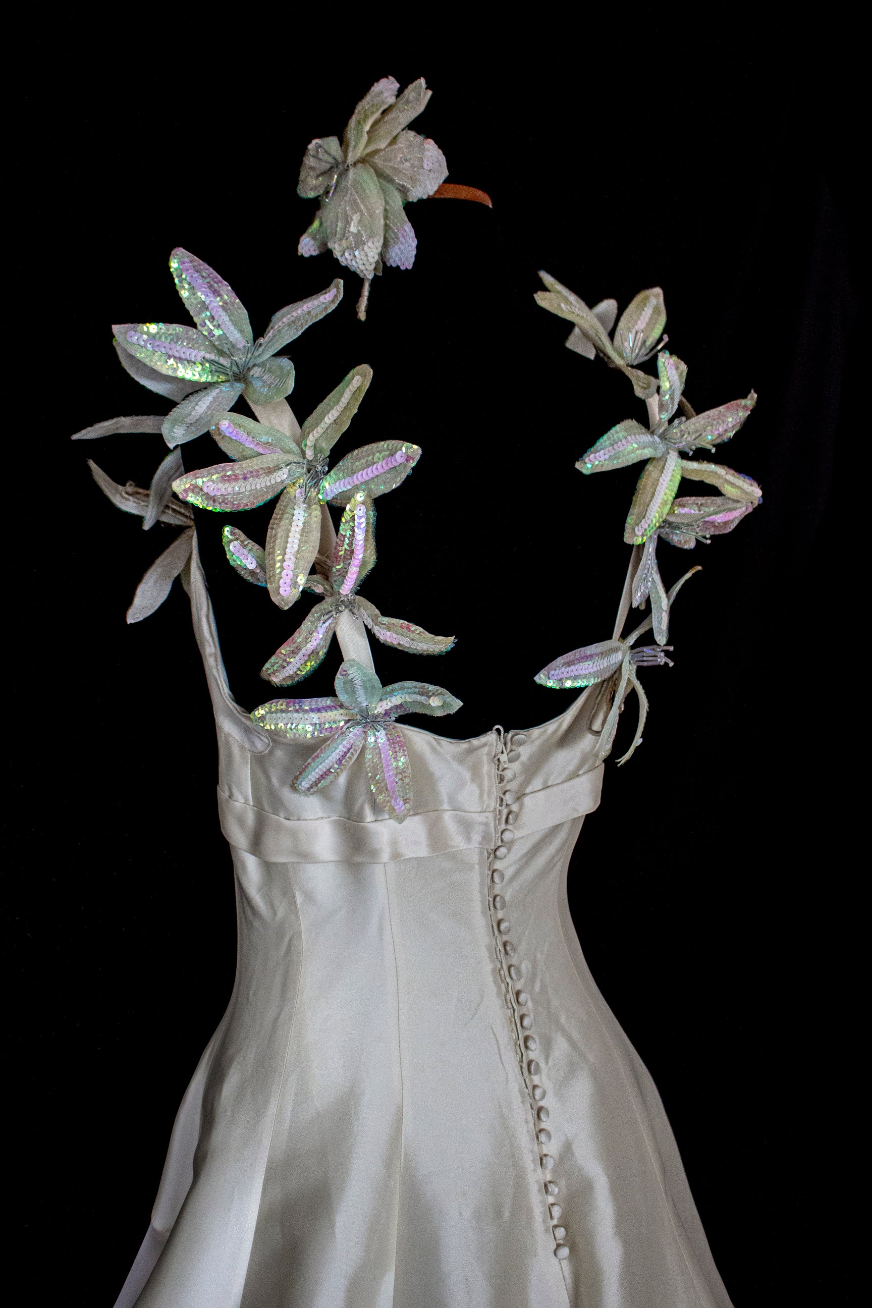 262 - RARE VINTAGE CHAMPAGNE BRIDAL GOWN: SILK MIKADO WITH AUTHENTIC 80S SEQUIN MAXI FLOWERS