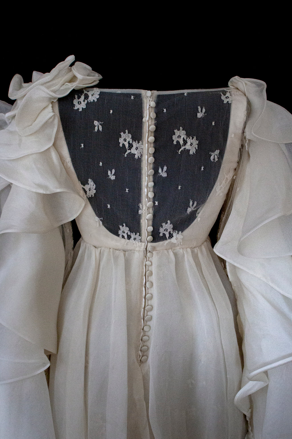 340 - OFF-WHITE SILK ORGANZA & ECRU LACE UPCYCLED WEDDING DRESS: UNIQUE EMPIRE GOWN WITH PLEATED WINGS