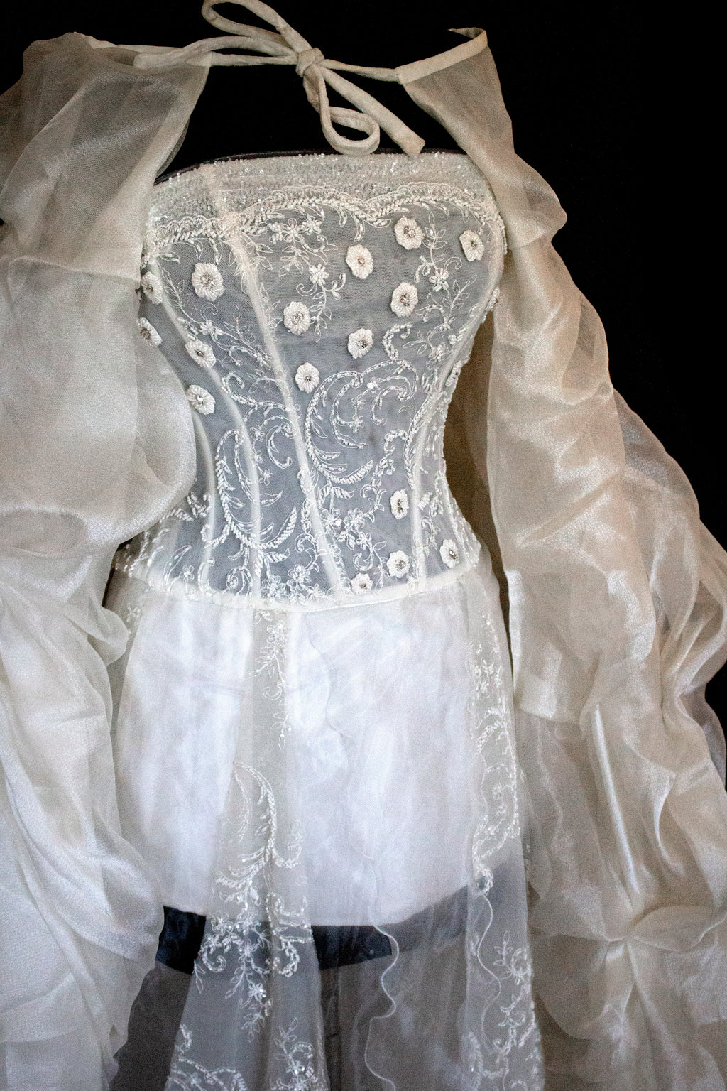 365 - VINTAGE 90s UPCYCLED EMBROIDERED WEDDING DRESS: STRAPLESS WRAP GOWN WITH IRIDESCENT DRAMA CAPE