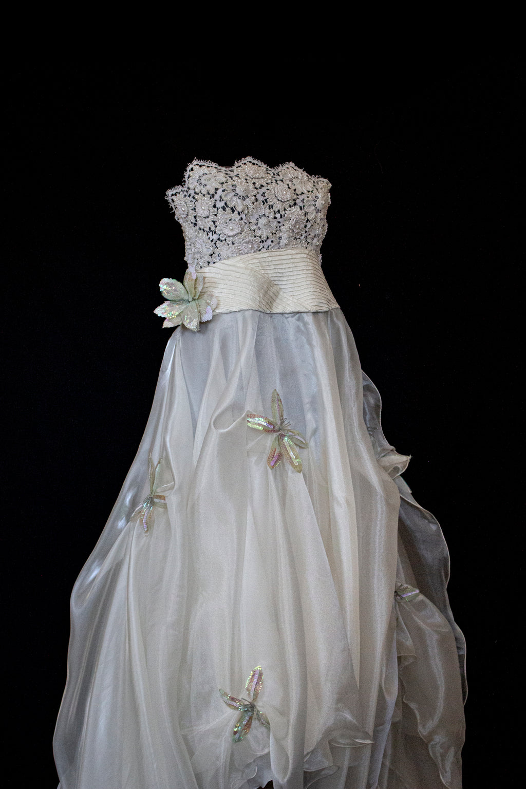352 - UNIQUE 80S VINTAGE UPCYCLED WEDDING DRESS: EMPIRE WAIST SILK BRIDAL GOWN WITH IRIDESCENT ORGANZA & SEQUIN MAXI FLOWERS - Vague atelier