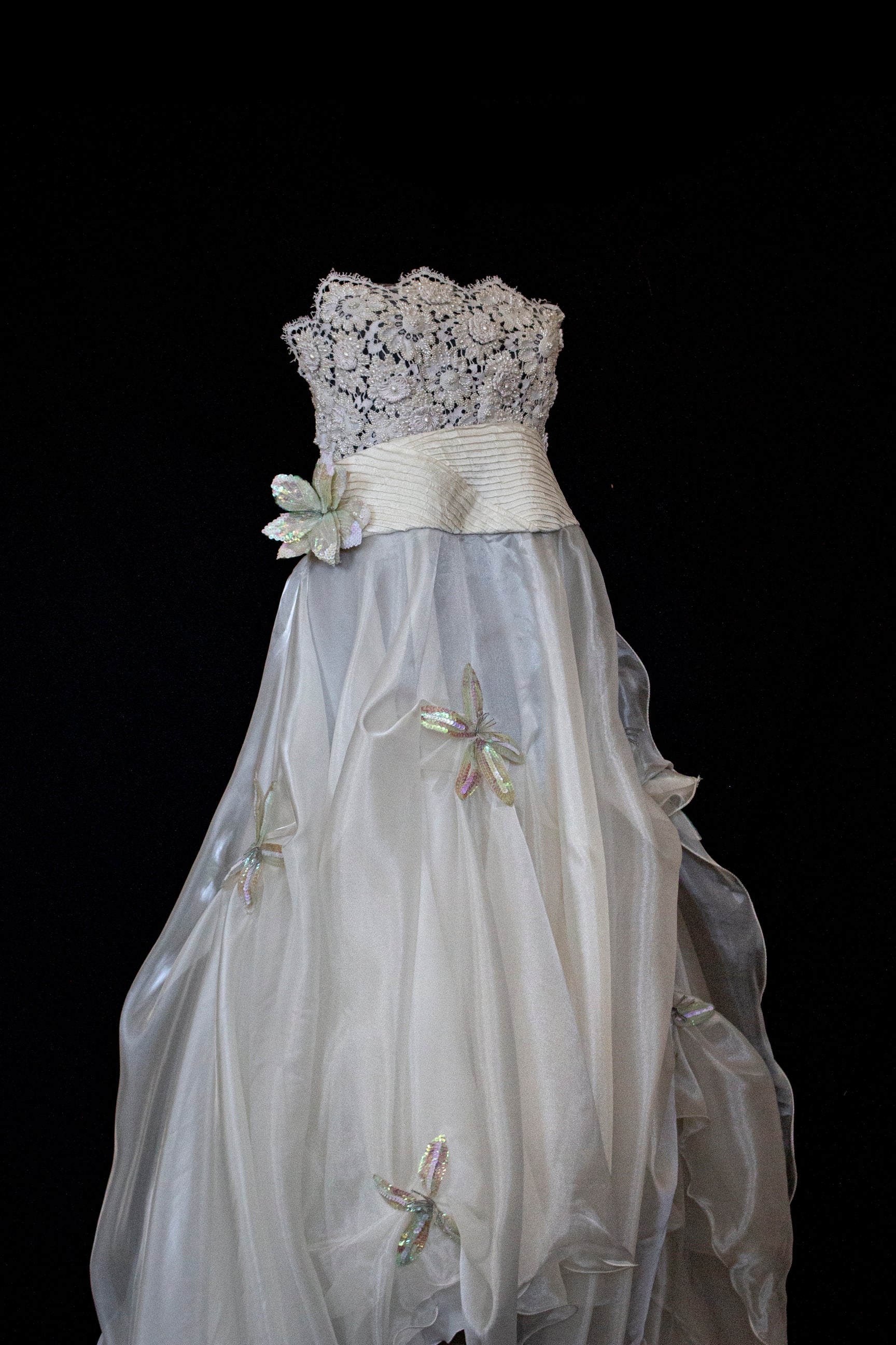 352 - UNIQUE 80S VINTAGE UPCYCLED WEDDING DRESS: EMPIRE WAIST SILK BRIDAL GOWN WITH IRIDESCENT ORGANZA & SEQUIN MAXI FLOWERS - Vague atelier