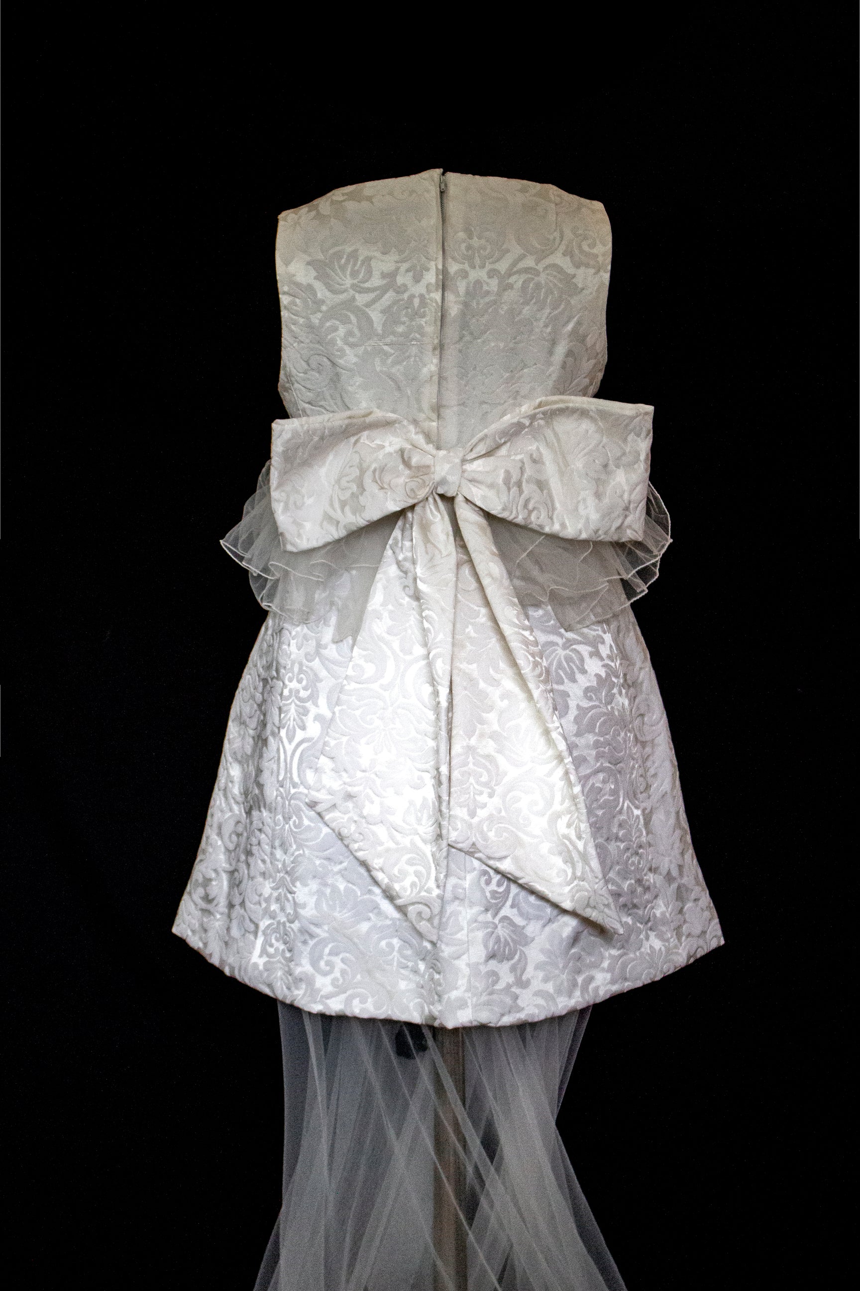 Vintage 90s Mini Wedding Dress | Damask Bridal Dress with Cape & Bow - 368