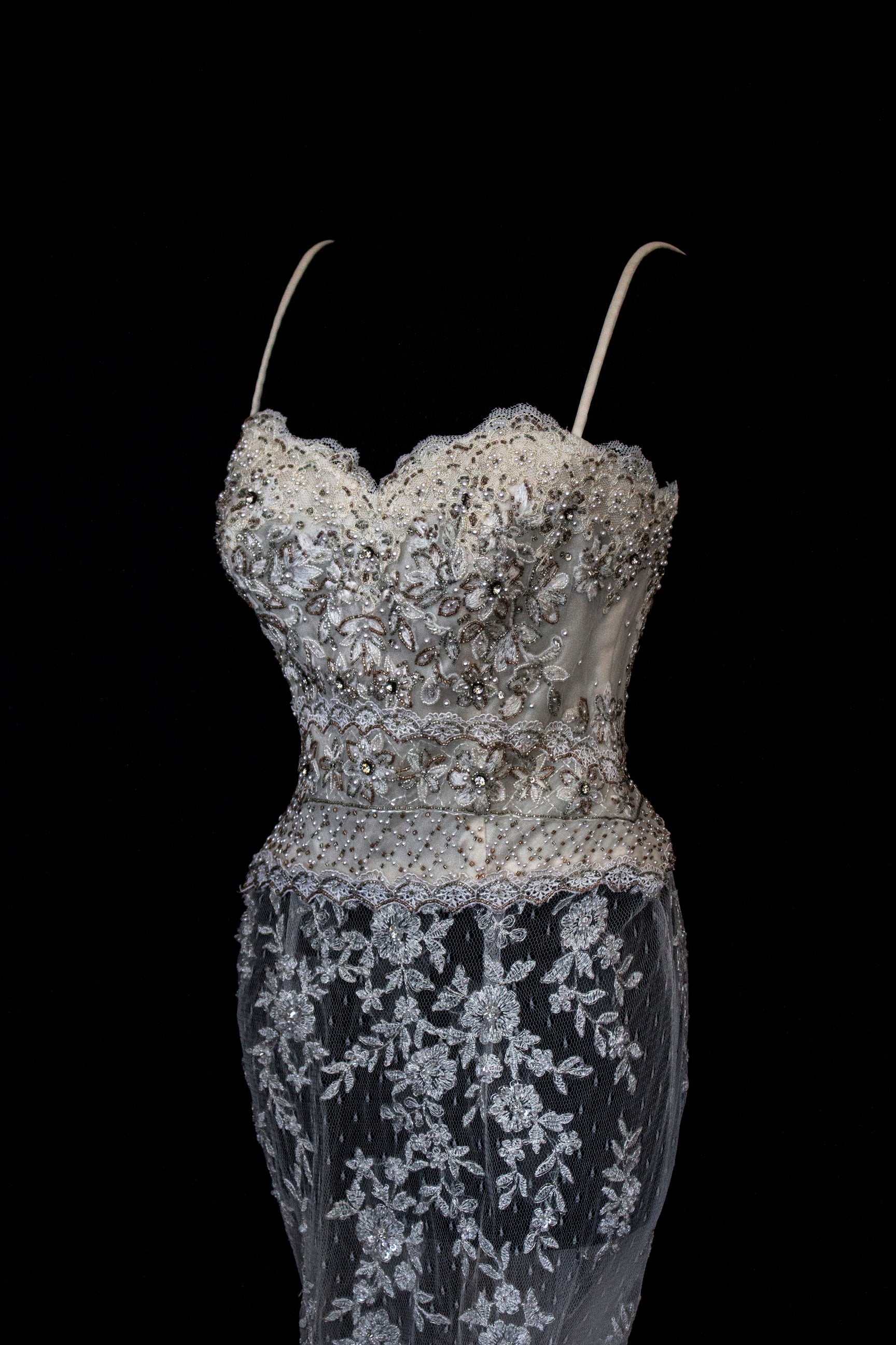 239 - VINTAGE OFF-WHITE MERMAID SWAROVSKI WEDDING DRESS: GOWN WITH NUDE POLKA DOT TULLE & SILVER FLORAL EMBROIDERY