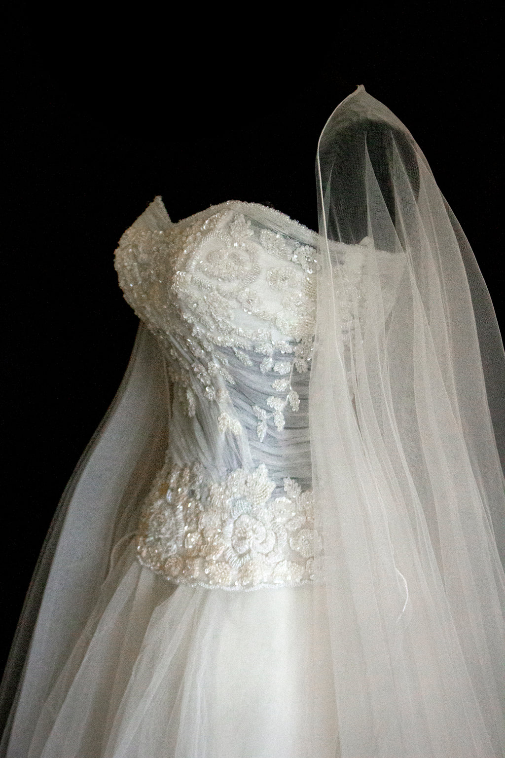 361 - VINTAGE PRINCESS WEDDING DRESS: ECRU SILK TULLE GOWN WITH EMBROIDERED STRAPLESS BODICE