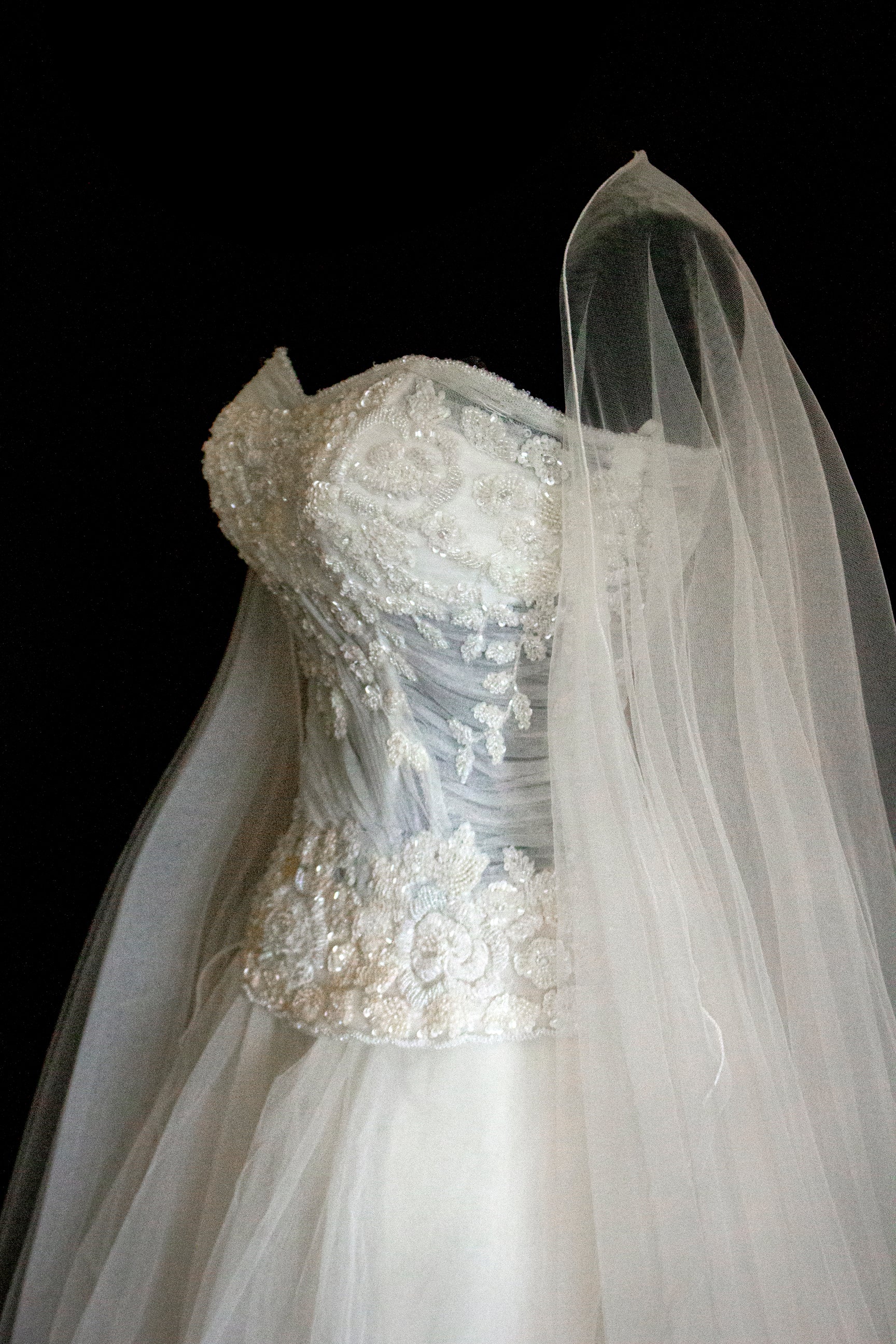 361 - VINTAGE PRINCESS WEDDING DRESS: ECRU SILK TULLE GOWN WITH EMBROIDERED STRAPLESS BODICE