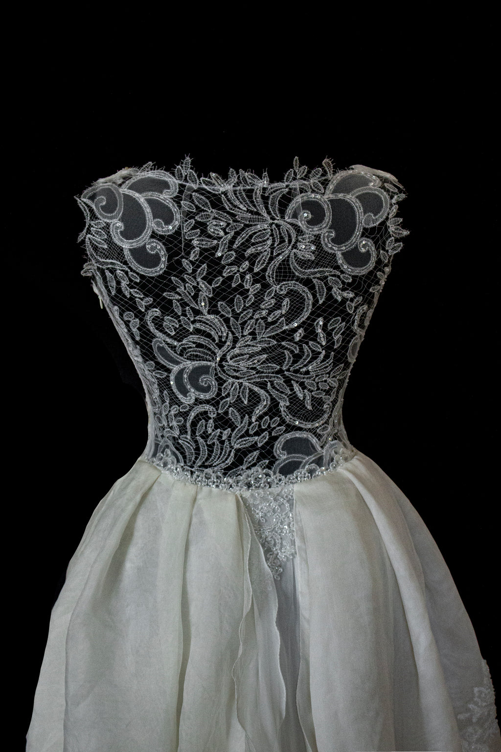 331 - ONE OF A KIND UPCYCLED VINTAGE BRIDAL GOWN: ASYMMETRIC LAYERED SILK CLOUD SKIRT & EMBROIDERED LACE - Vague atelier