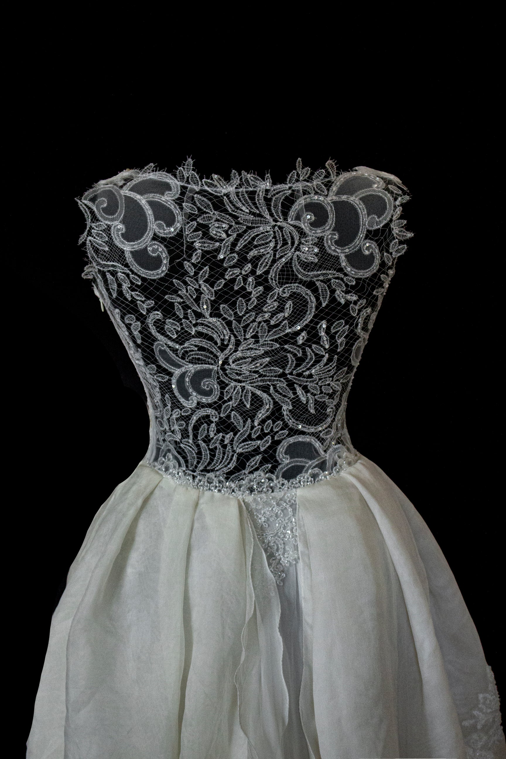 331 - ONE OF A KIND UPCYCLED VINTAGE BRIDAL GOWN: ASYMMETRIC LAYERED SILK CLOUD SKIRT & EMBROIDERED LACE - Vague atelier