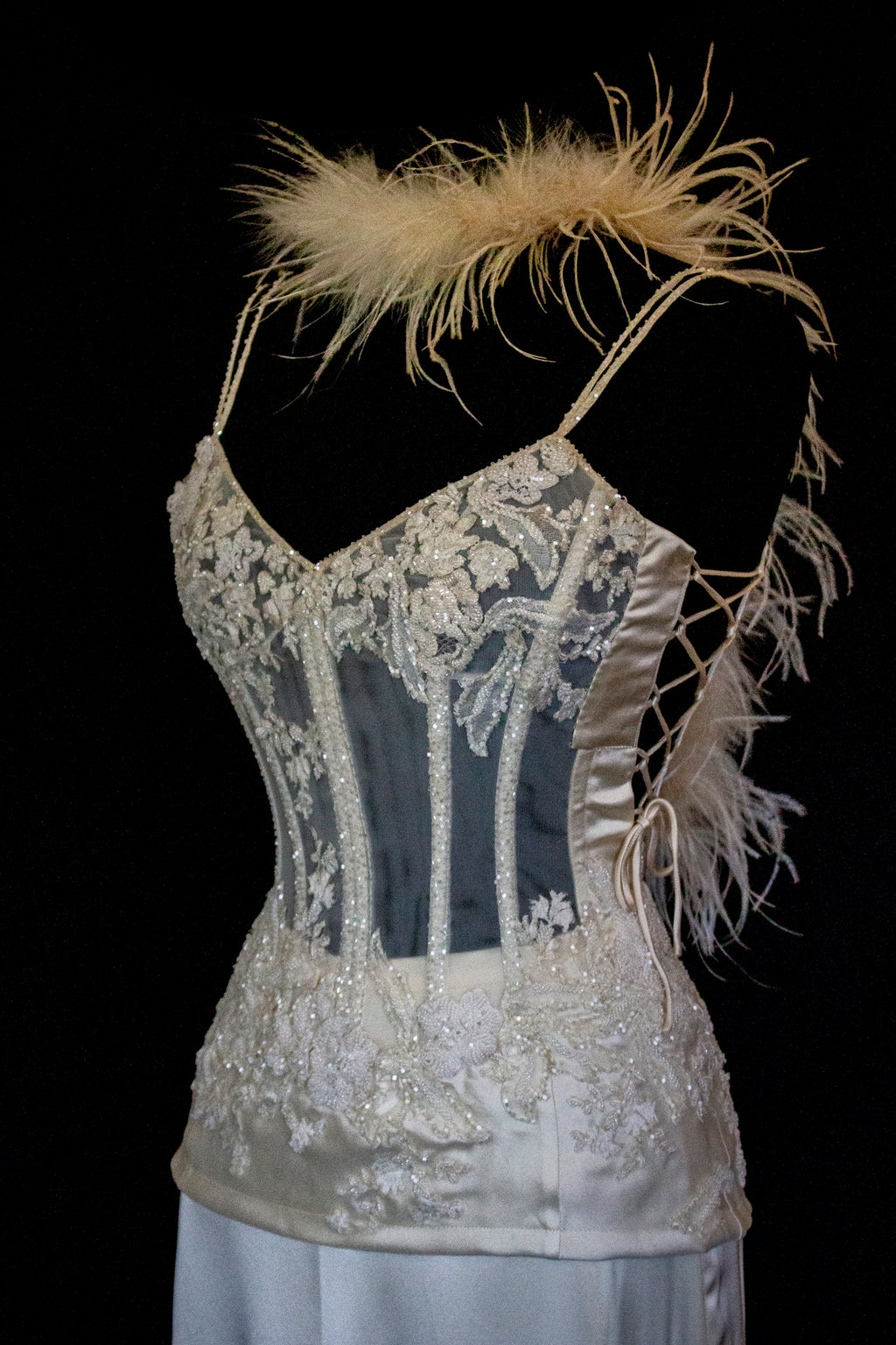 362 - VINTAGE 90s SILK BRIDAL TWO PIECE SET: EMBROIDERED BUSTIER AND FLUID CREAM SKIRT