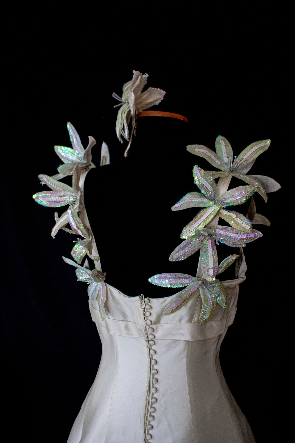 262 - RARE VINTAGE CHAMPAGNE BRIDAL GOWN: SILK MIKADO WITH AUTHENTIC 80S SEQUIN MAXI FLOWERS