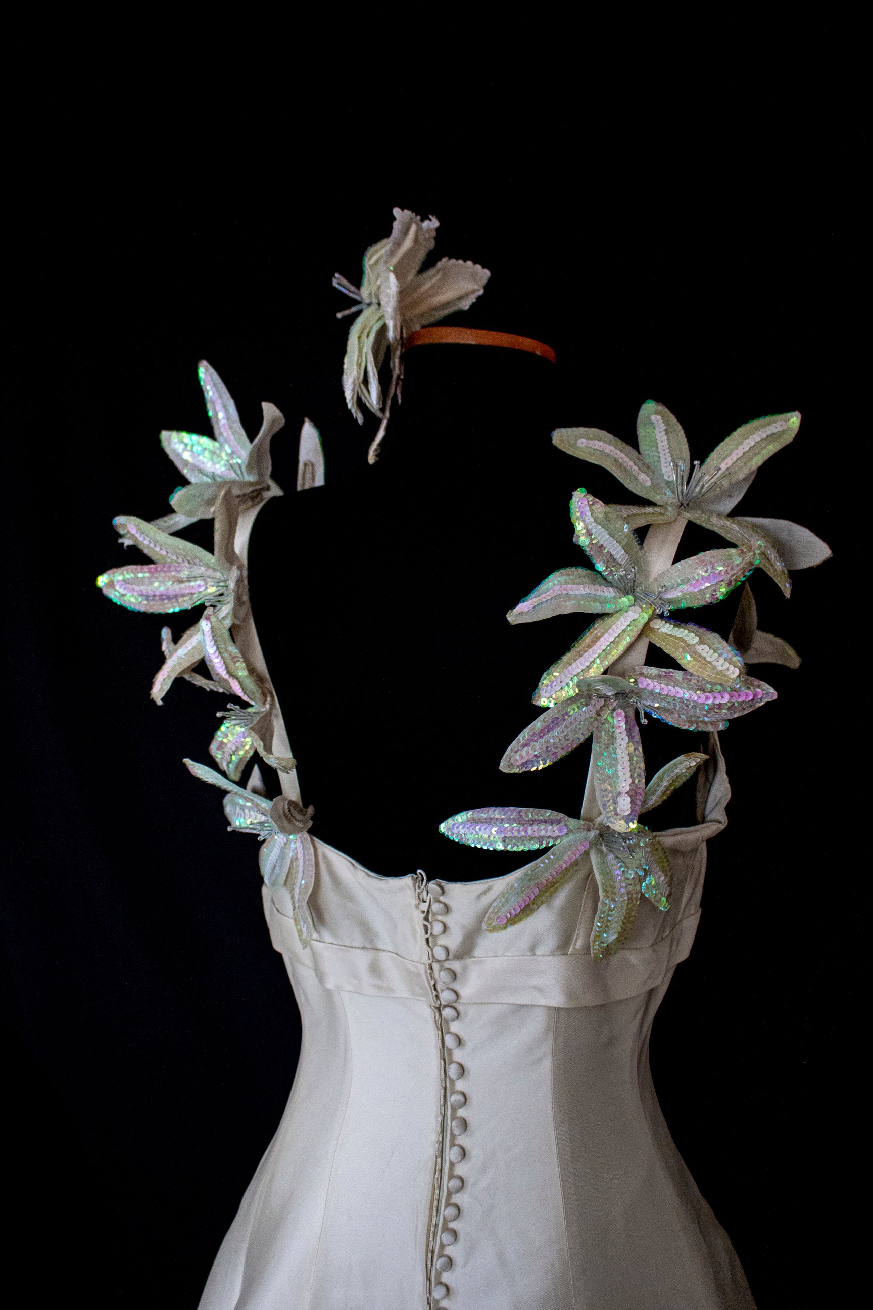 262 - RARE VINTAGE CHAMPAGNE BRIDAL GOWN: SILK MIKADO WITH AUTHENTIC 80S SEQUIN MAXI FLOWERS