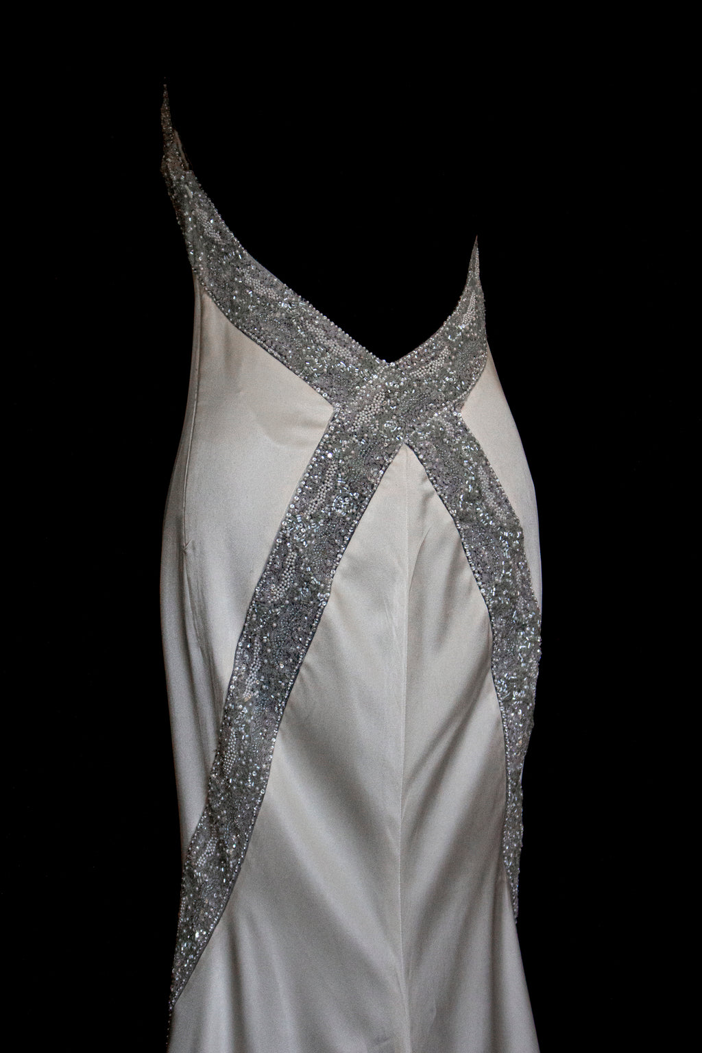 291 - OLD HOLLYWOOD VINTAGE MERMAID BRIDAL GOWN: BACKLESS SILK SATIN & ART DECO SILVER BEADING