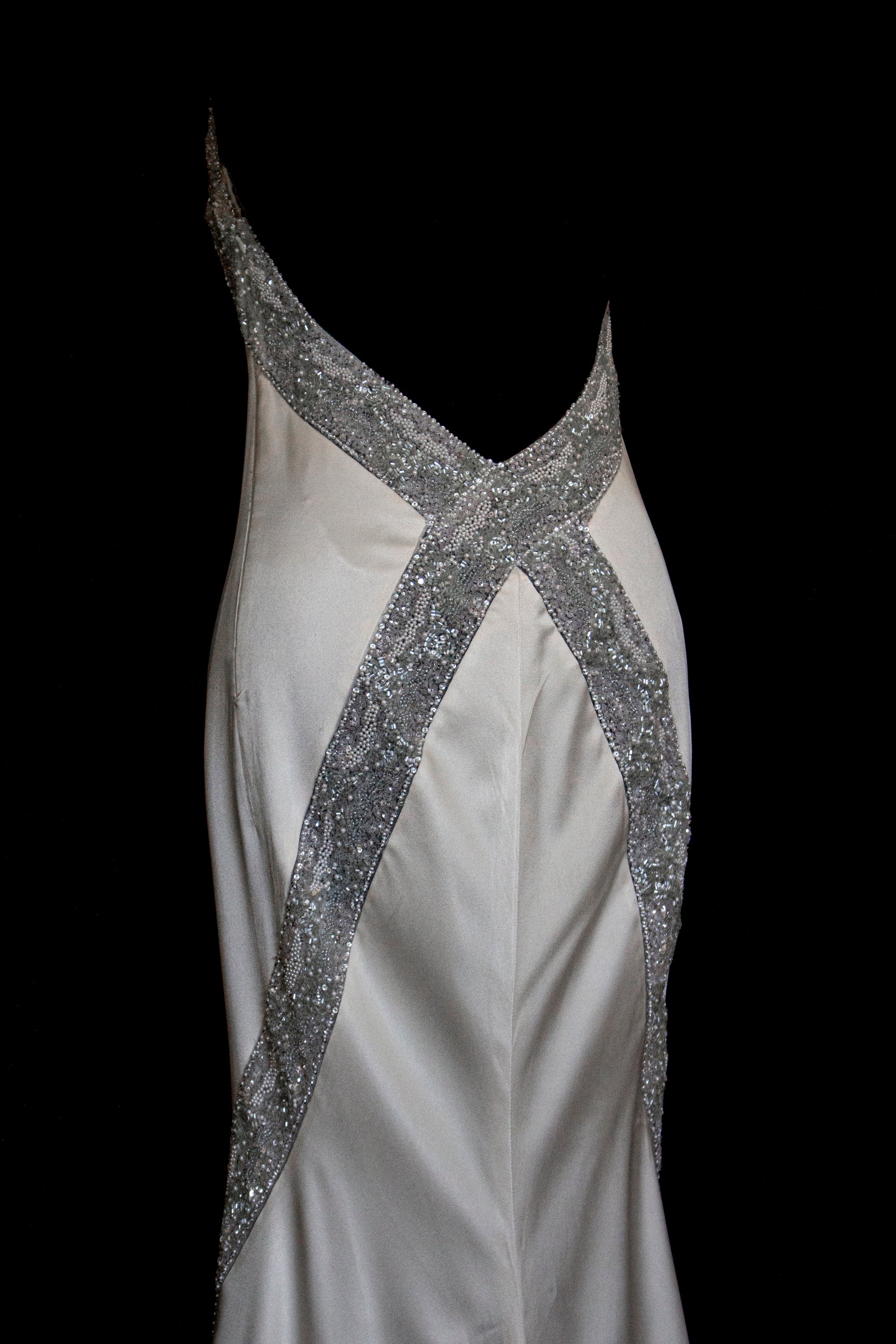 291 - OLD HOLLYWOOD VINTAGE MERMAID BRIDAL GOWN: BACKLESS SILK SATIN & ART DECO SILVER BEADING