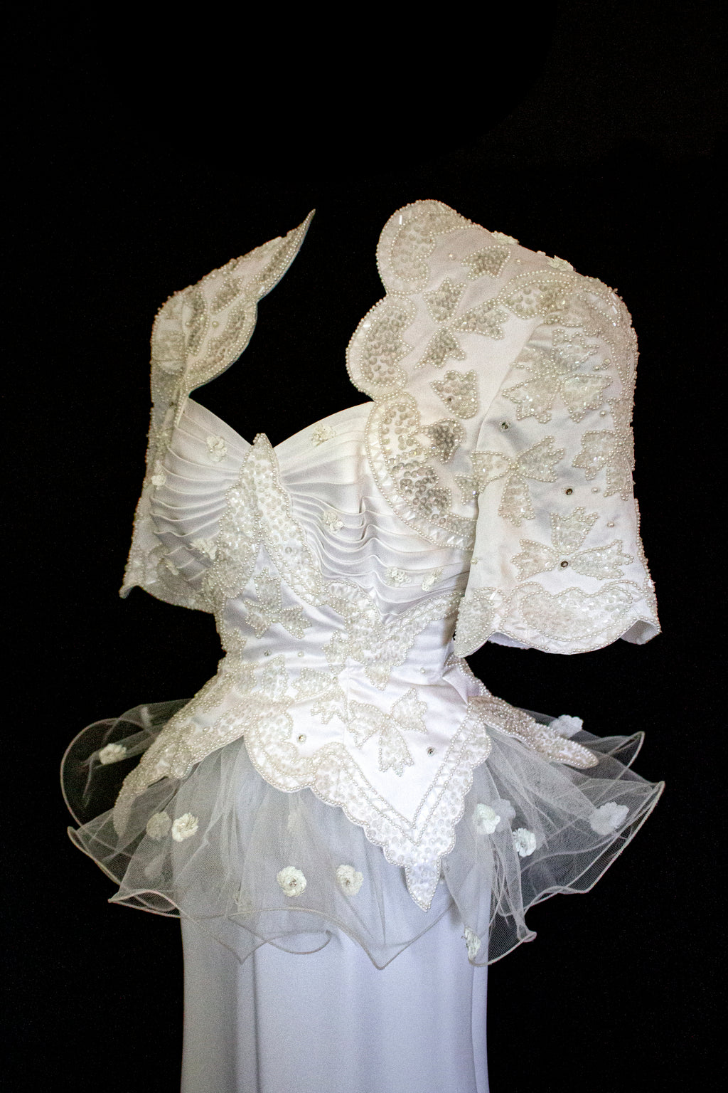 Vintage 80s Sheath Wedding Dress | Hand Embroidered Bridal Gown with Slit - 366