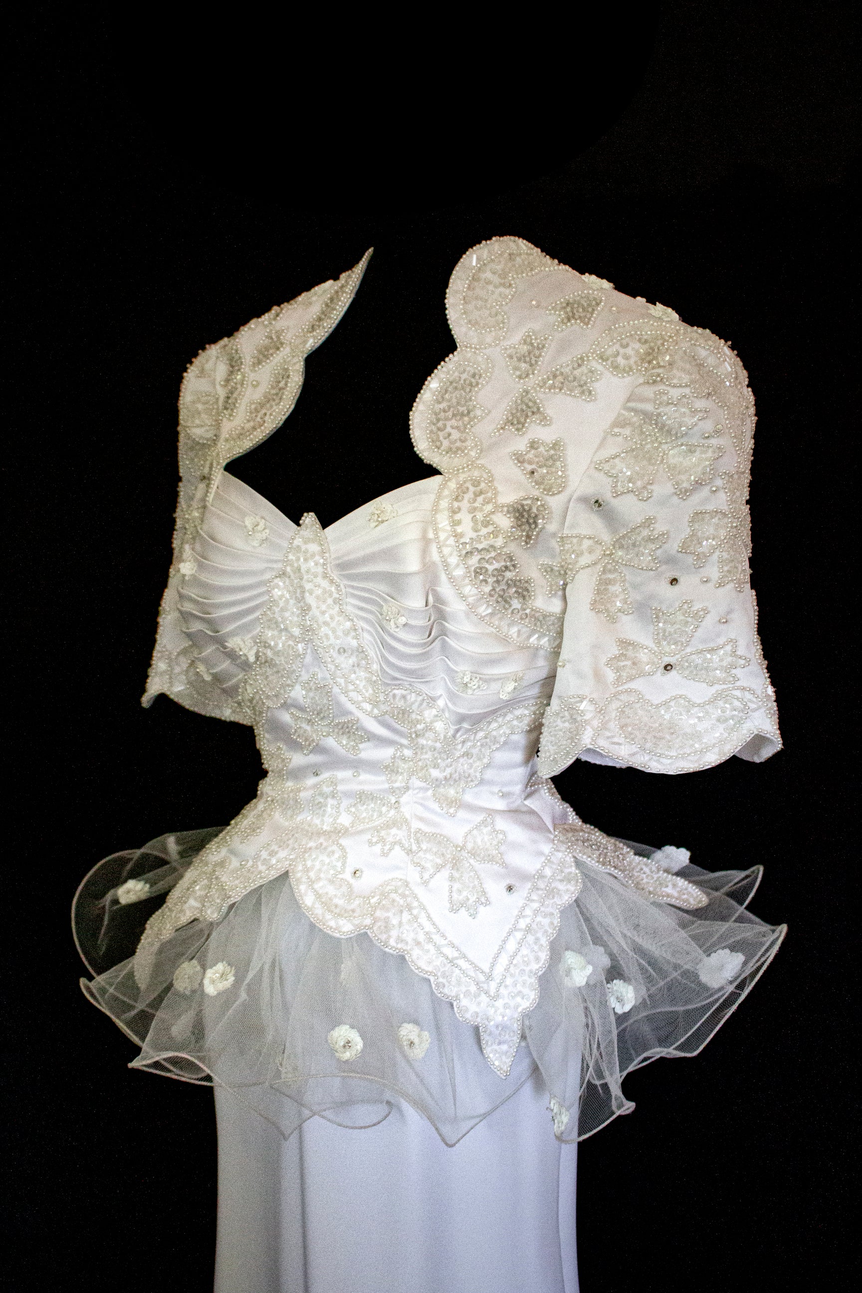 Vintage 80s Sheath Wedding Dress | Hand Embroidered Bridal Gown with Slit - 366
