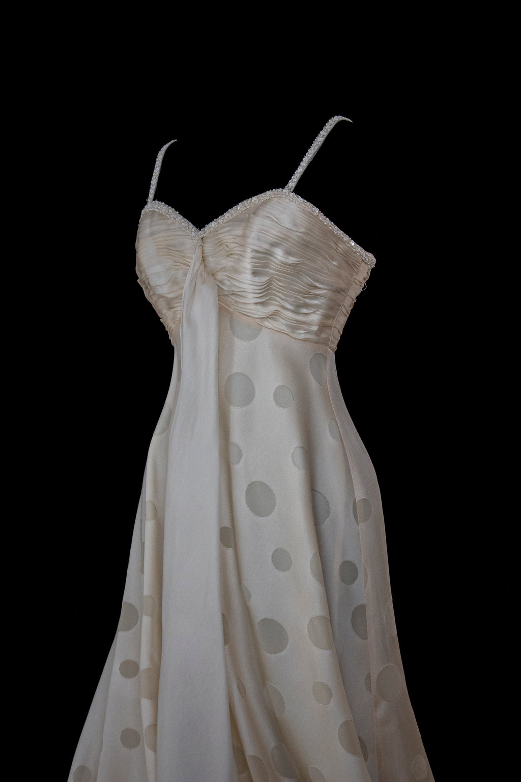 338 - IVORY CHAMPAGNE SILK ORGANZA WEDDING DRESS: POLKA / POIS DOT EMPIRE GOWN WITH BEADED STRAPS & FULL CIRCLE TRAIN - Vague atelier