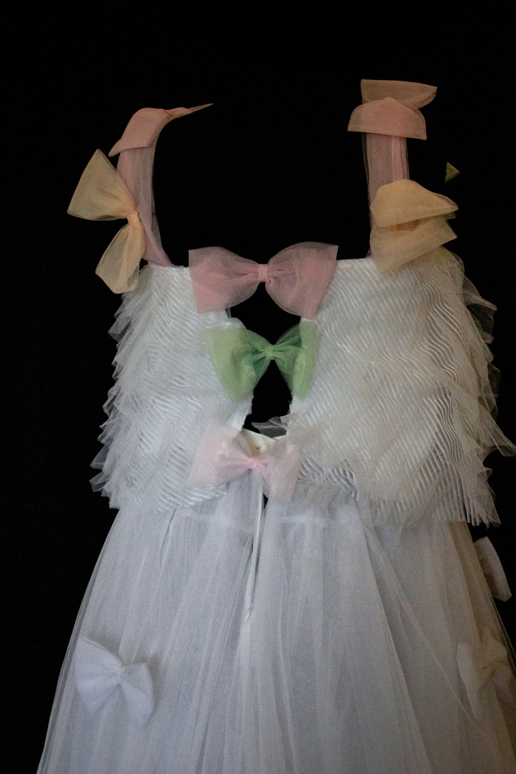 363 - VINTAGE 90s UPCYCLED TULLE 3-PIECE WEDDING DRESS: EMBROIDERED GOWN WITH HANDMADE BOWS AND CAPE