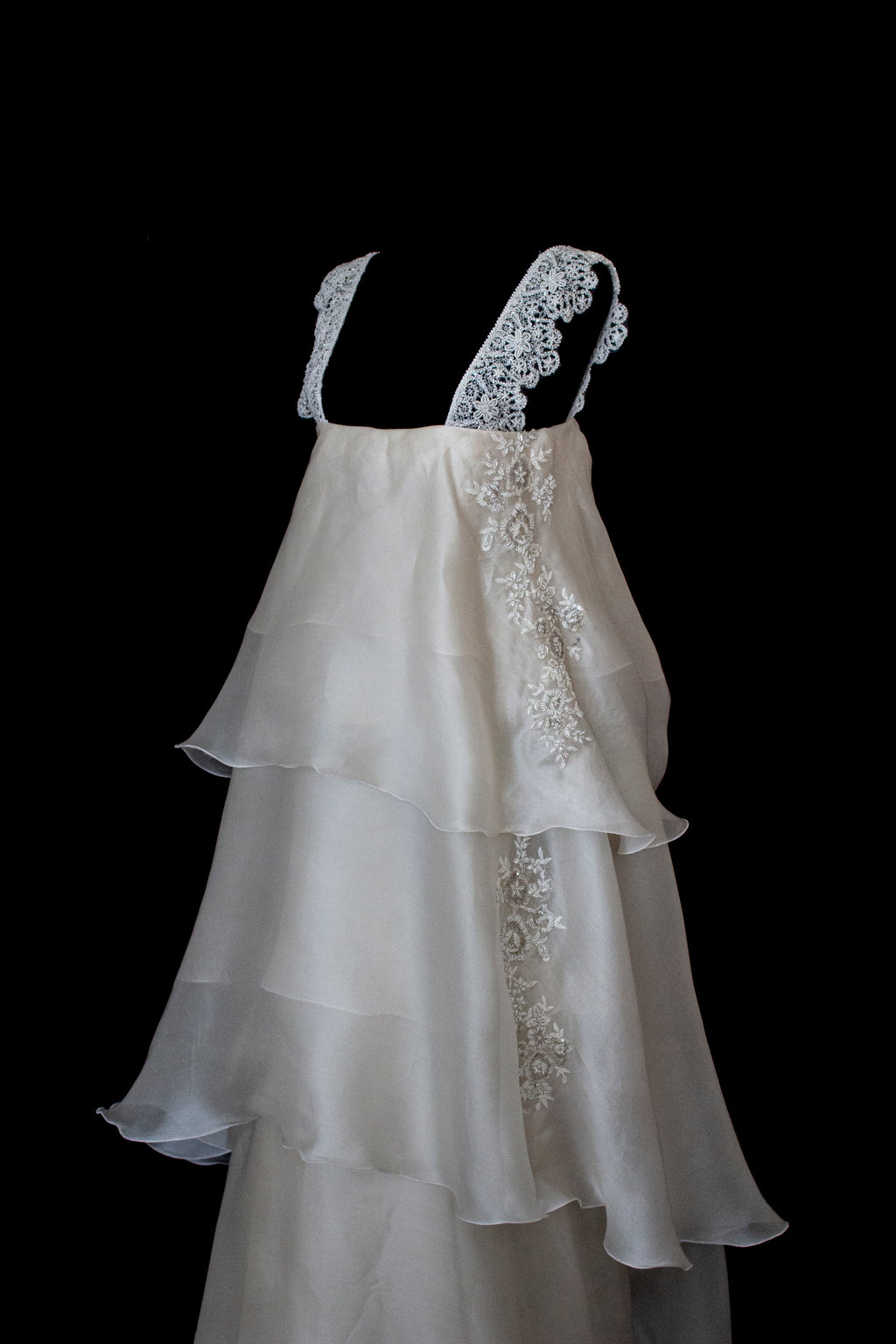 344 - UNIQUE UPCYCLED SILK ORGANZA WEDDING DRESS: PEARL GREY & BRONZE RUFFLED GOWN, SILVER EMBROIDERY, LUXURY SUSTAINABLE BRIDAL DRESS - Vague atelier