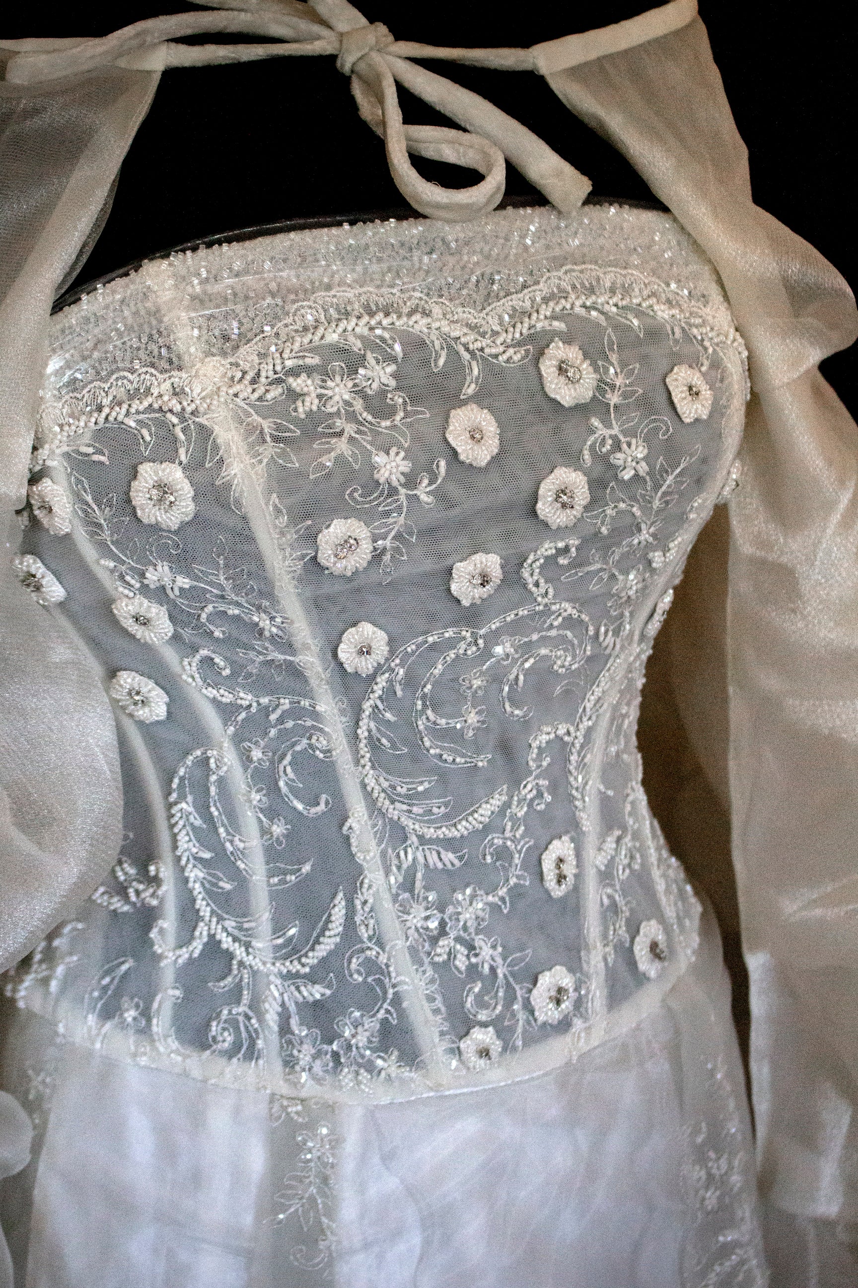 365 - VINTAGE 90s UPCYCLED EMBROIDERED WEDDING DRESS: STRAPLESS WRAP GOWN WITH IRIDESCENT DRAMA CAPE