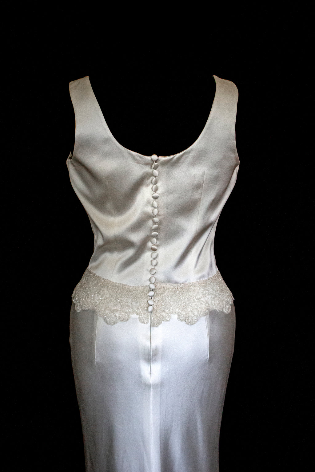 360 - VINTAGE SLIP STYLE WEDDING DRESS: CREAM FLUID SATIN GOWN WITH EMBROIDERED TULLE CAPE